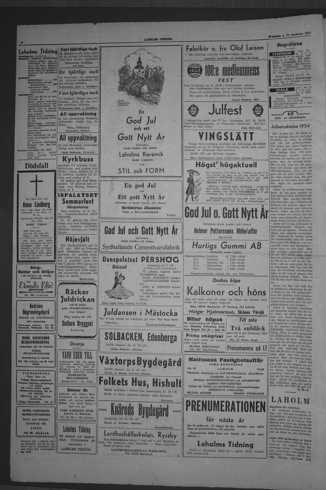 Laholms Tidning Fredag 24 december 1954, sida 2