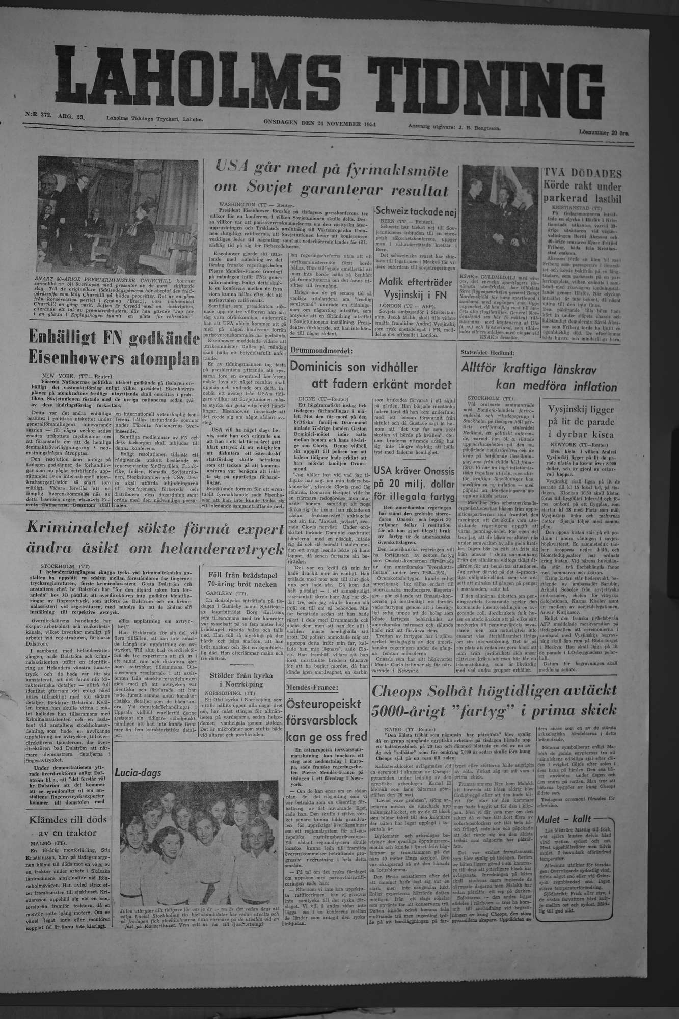 Laholms Tidning Onsdag 24 november 1954, sida 1