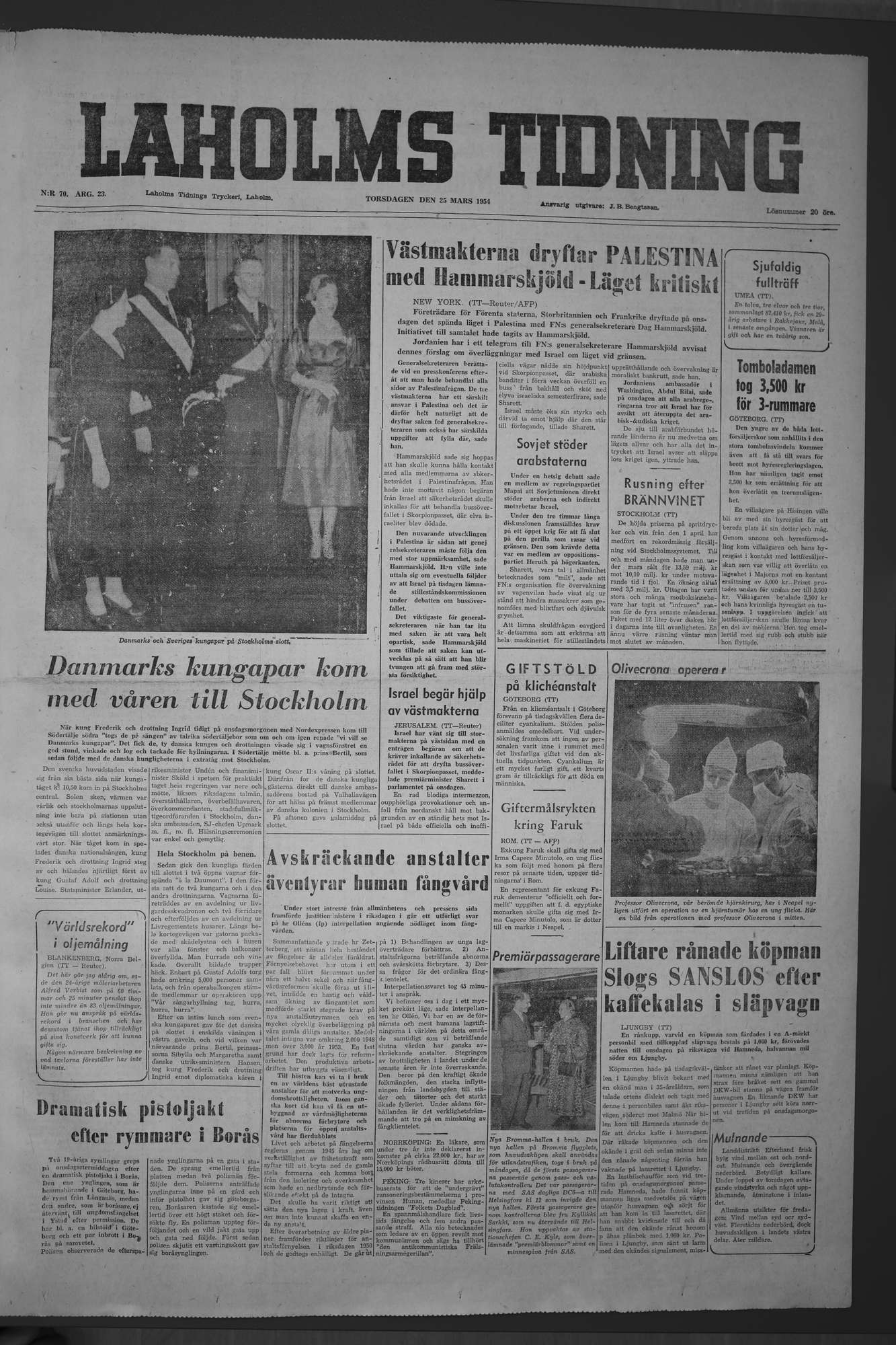 Laholms Tidning Torsdag 25 mars 1954, sida 1