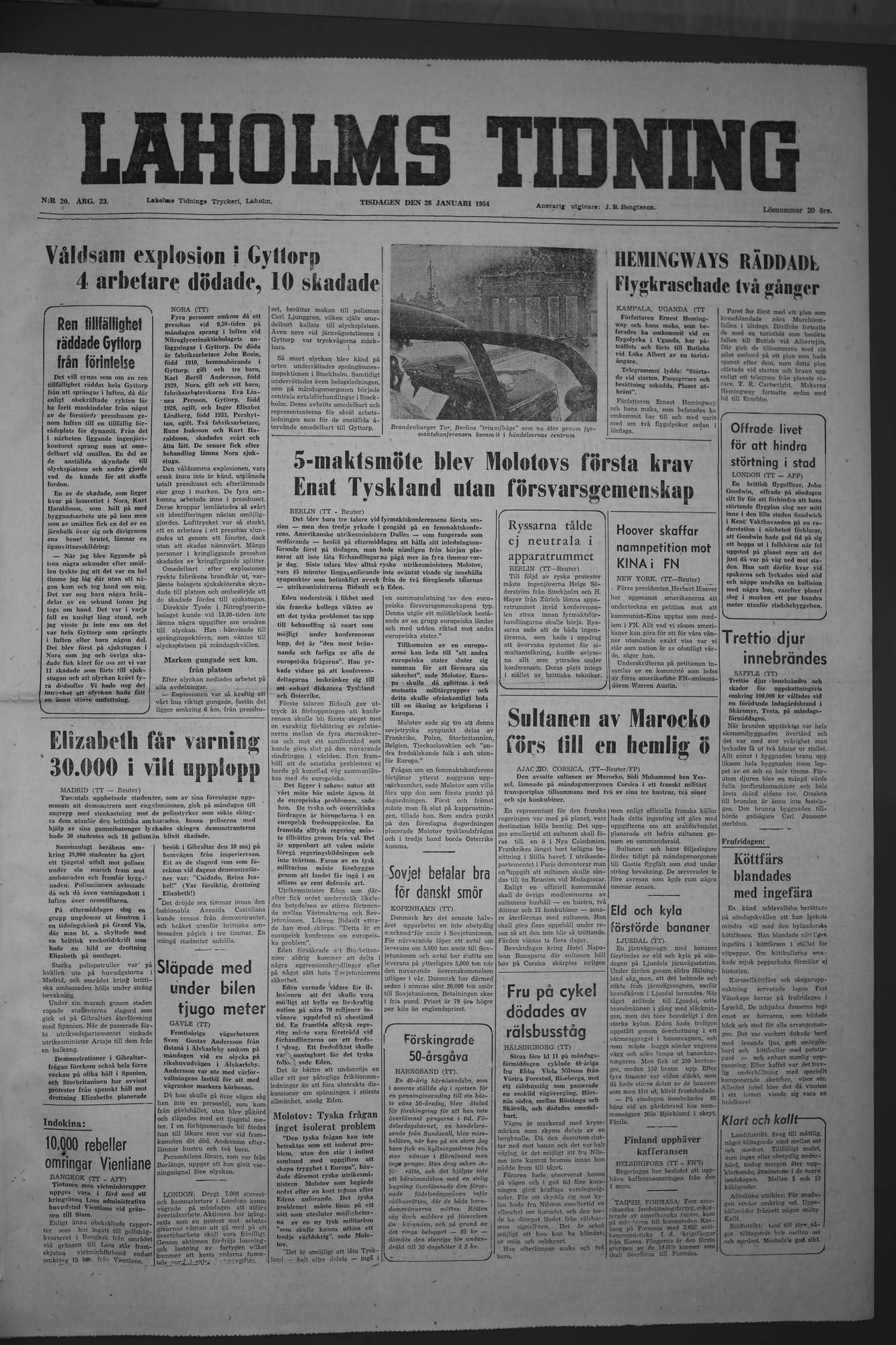 Laholms Tidning Tisdag 26 januari 1954, sida 1
