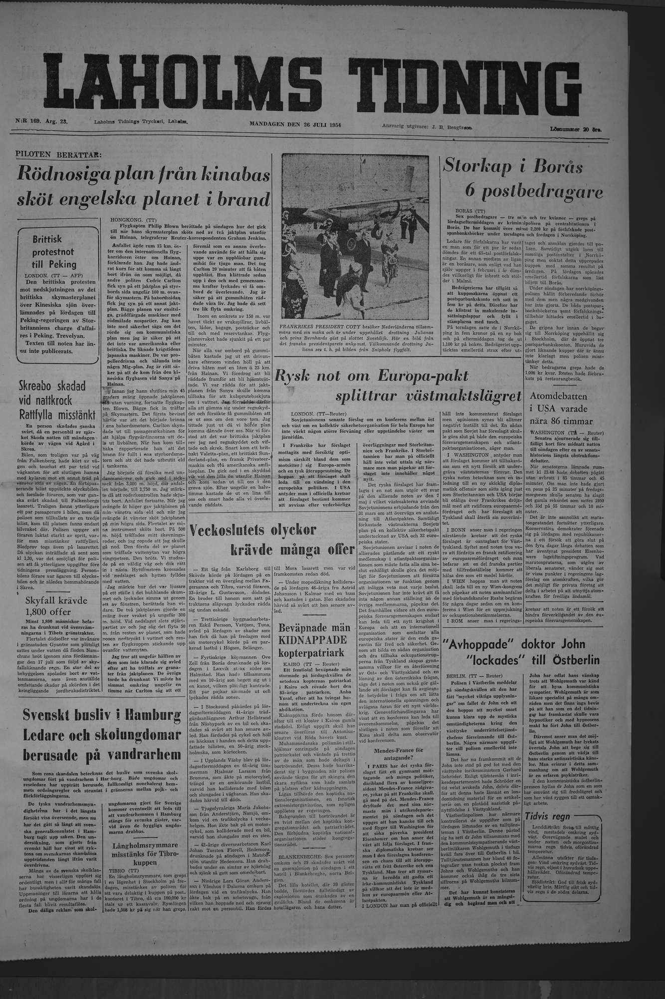Laholms Tidning Måndag 26 juli 1954, sida 1