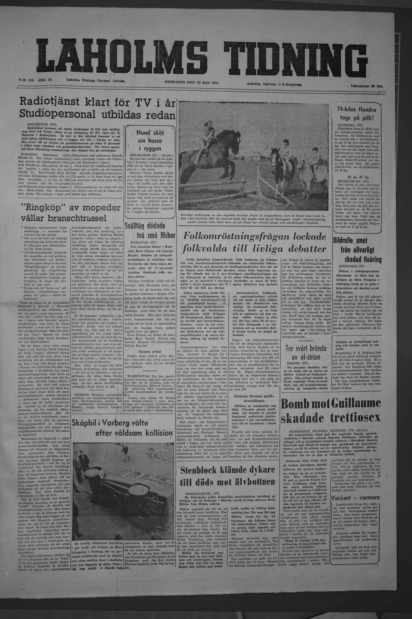 Laholms Tidning Onsdag 26 maj 1954, sida 1
