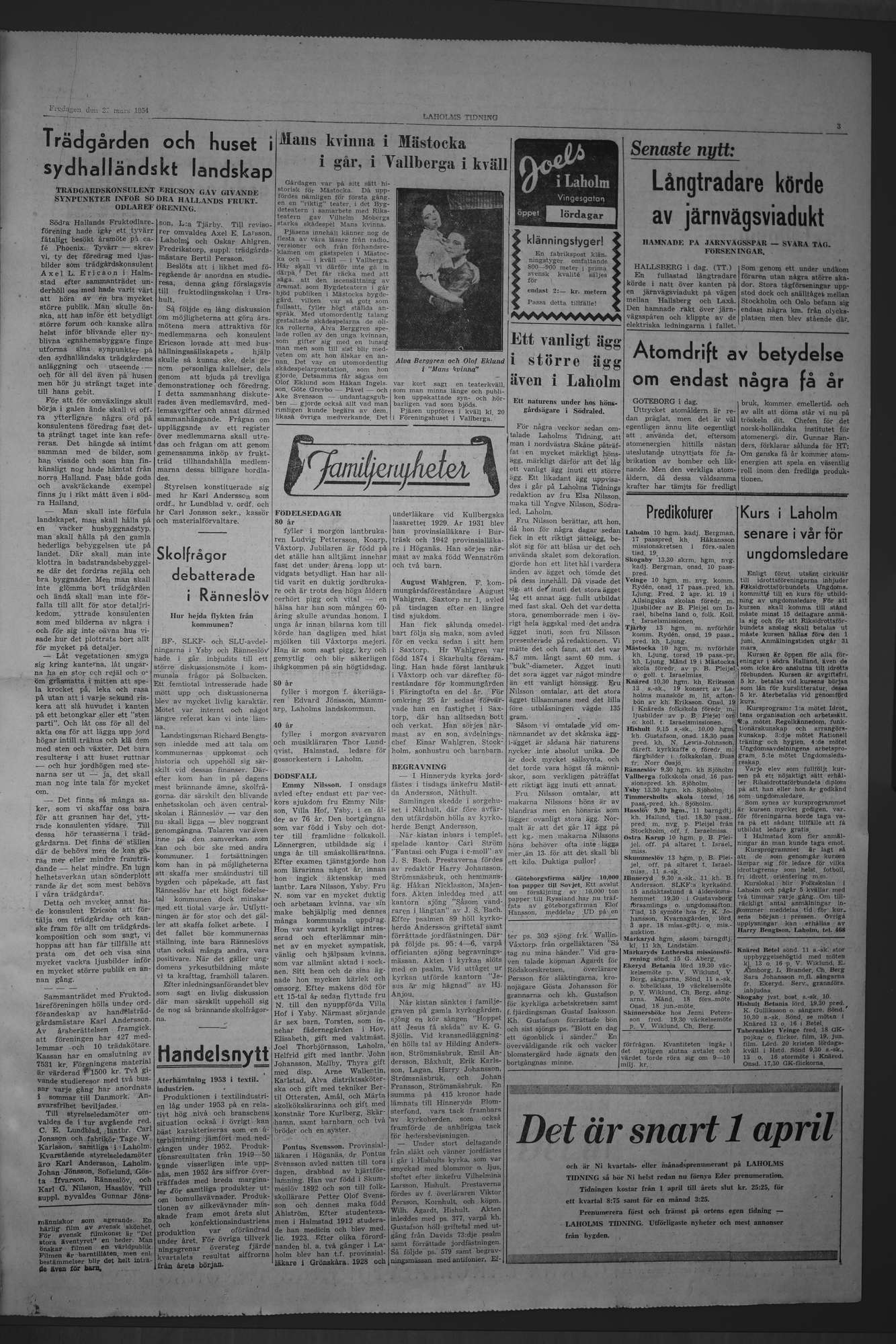 Laholms Tidning Fredag 26 mars 1954, sida 3