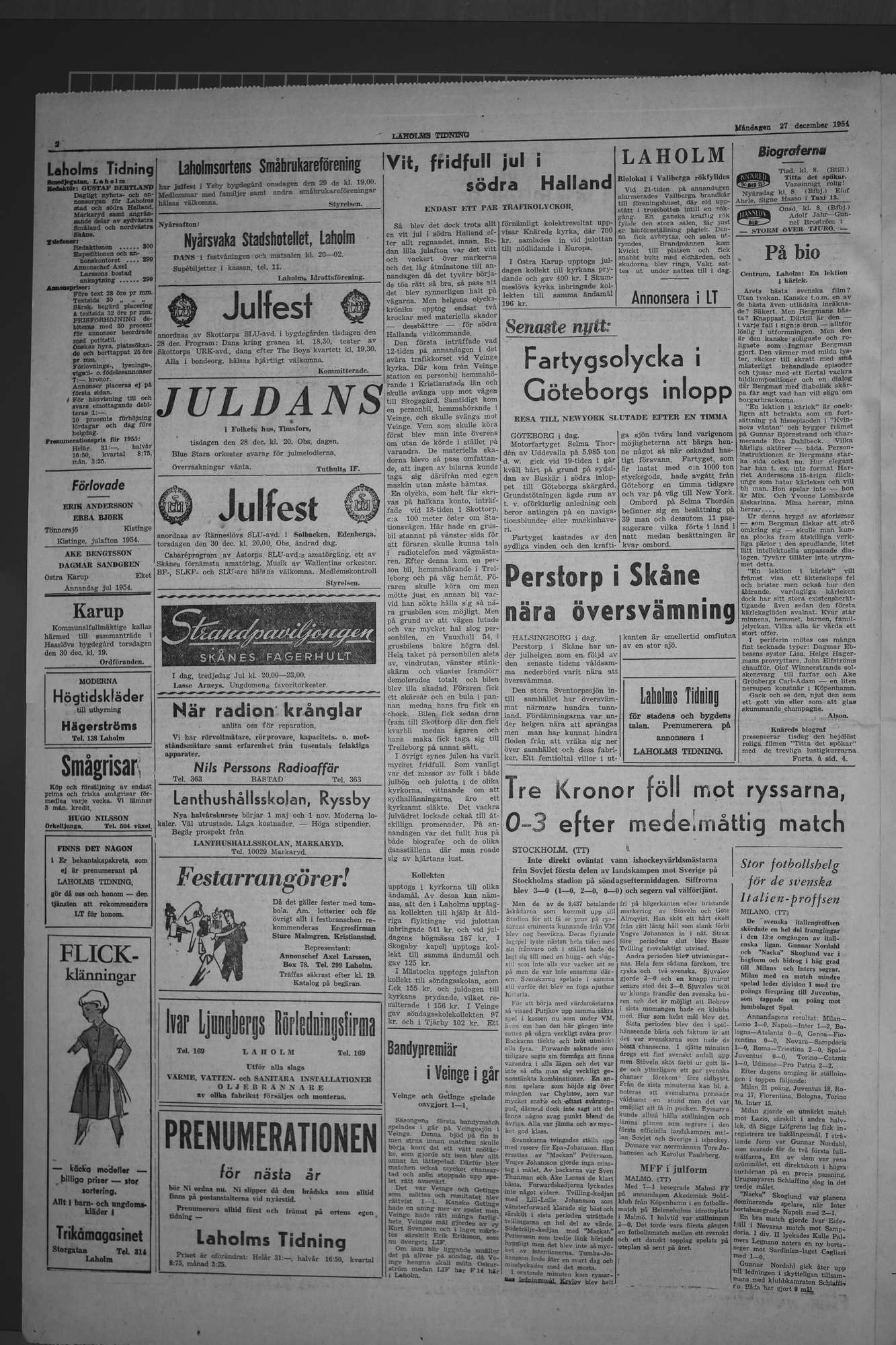 Laholms Tidning Måndag 27 december 1954, sida 2