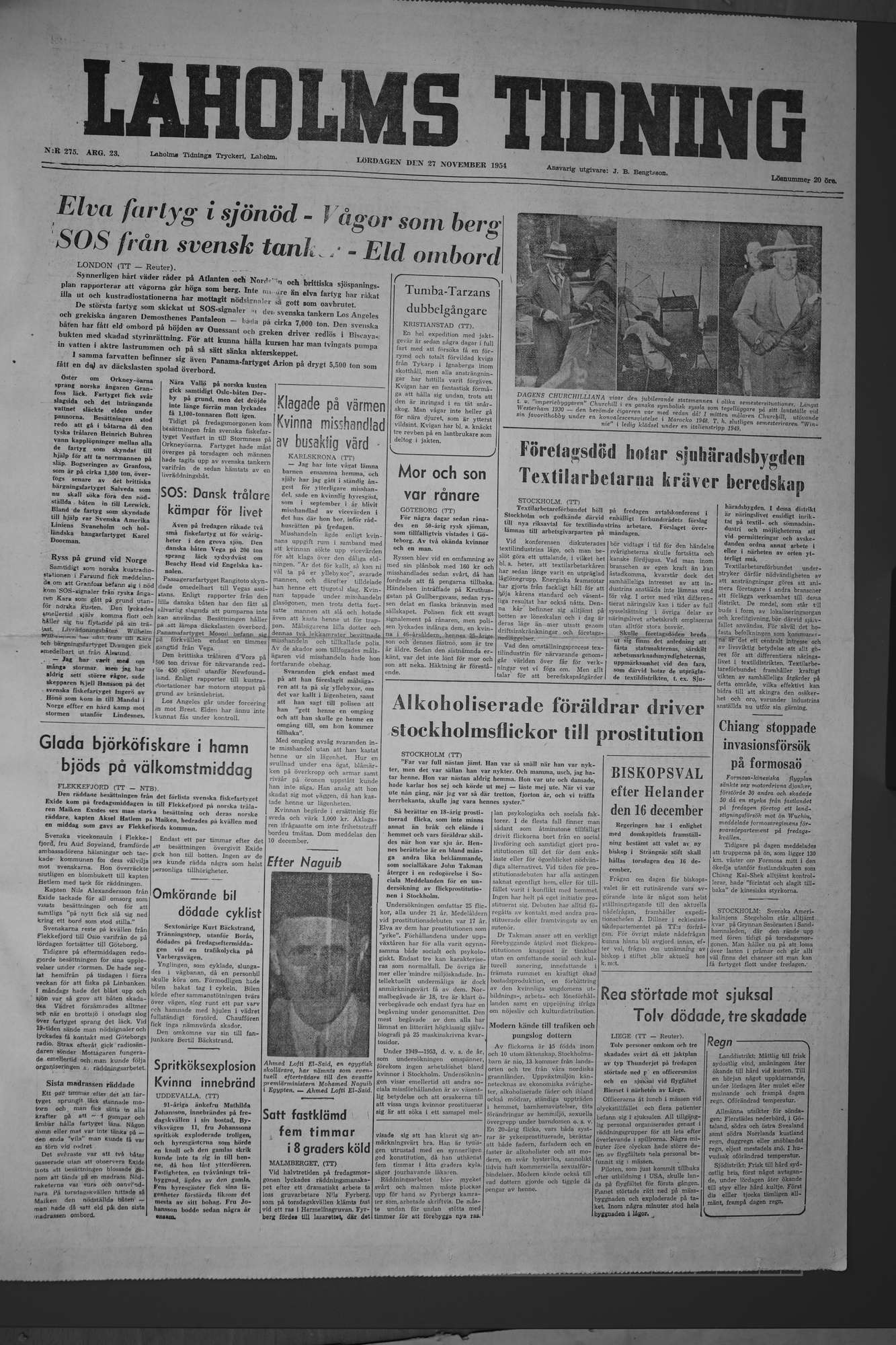 Laholms Tidning Lördag 27 november 1954, sida 1