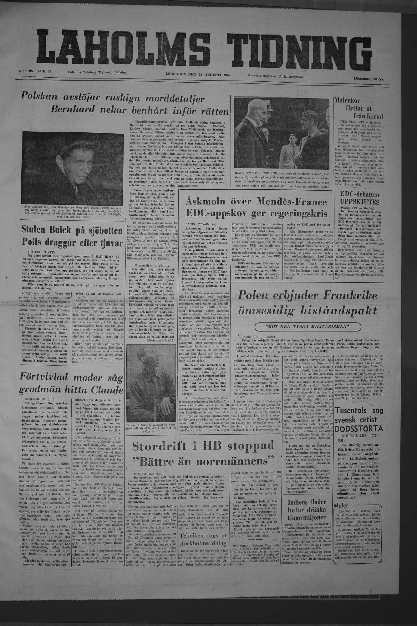 Laholms Tidning Lördag 28 augusti 1954, sida 1