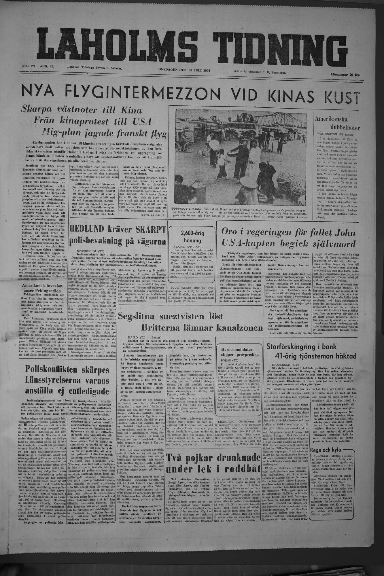 Laholms Tidning Onsdag 28 juli 1954, sida 1