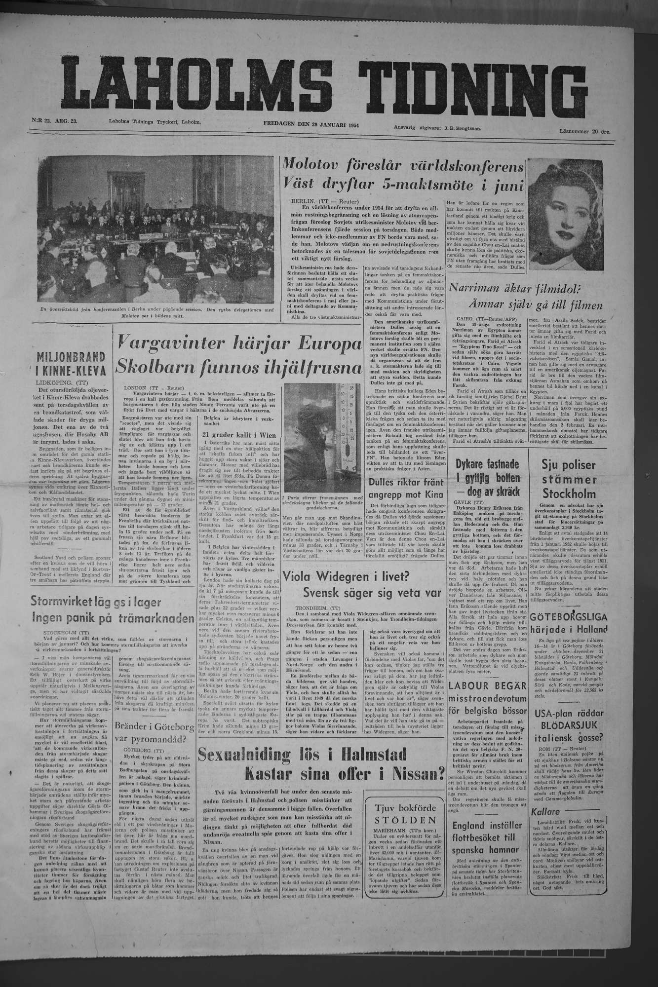 Laholms Tidning Fredag 29 januari 1954, sida 1