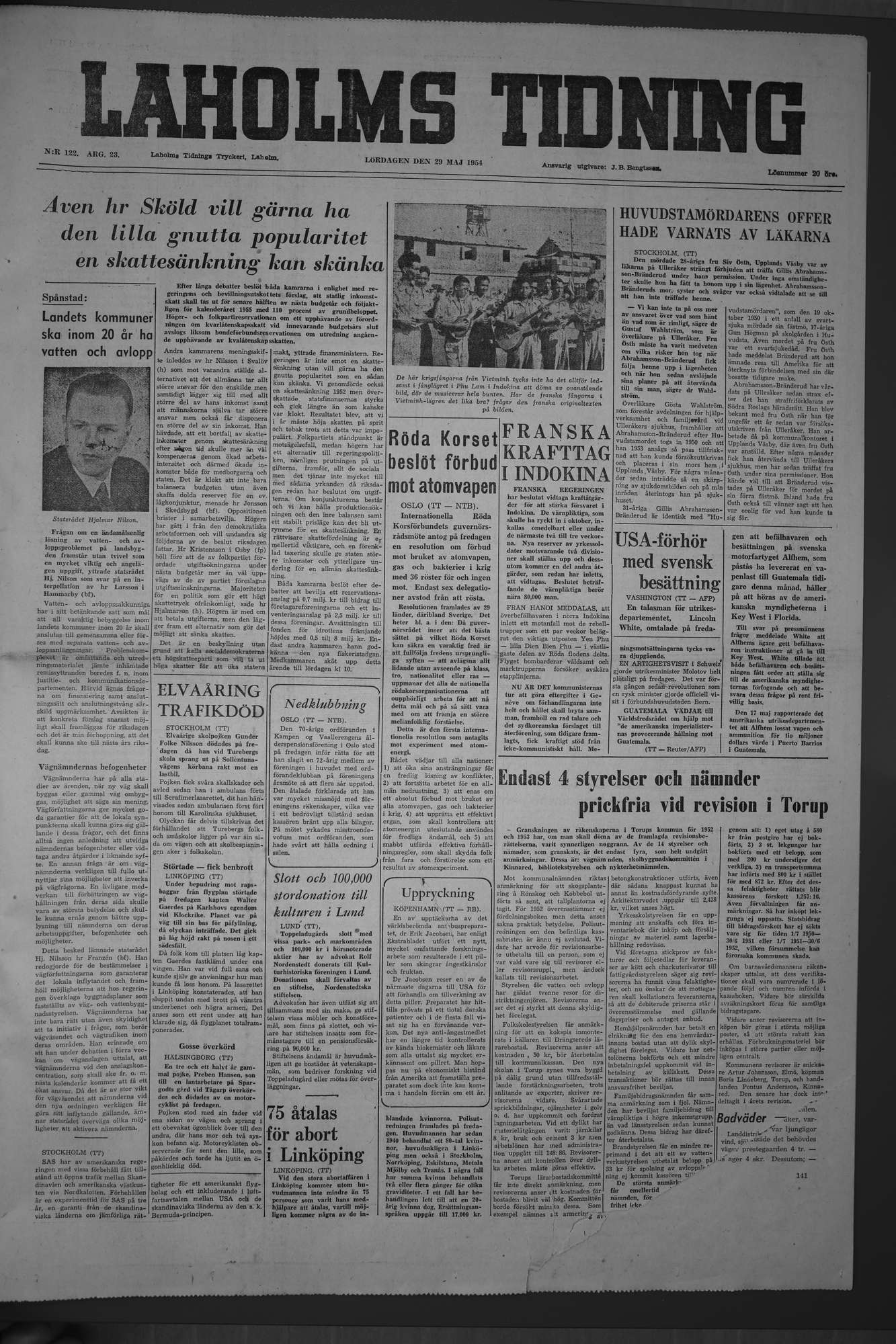 Laholms Tidning Lördag 29 maj 1954, sida 1