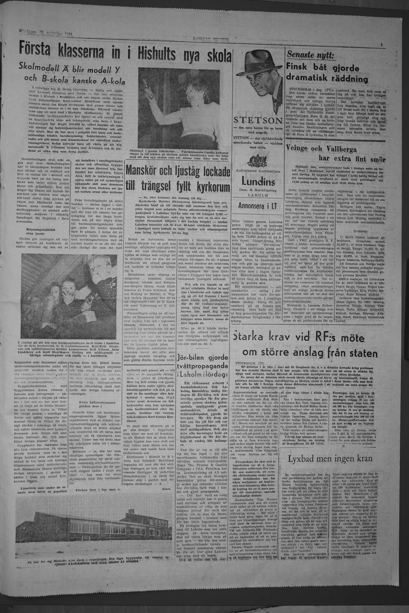 Laholms Tidning Måndag 29 november 1954, sida 3