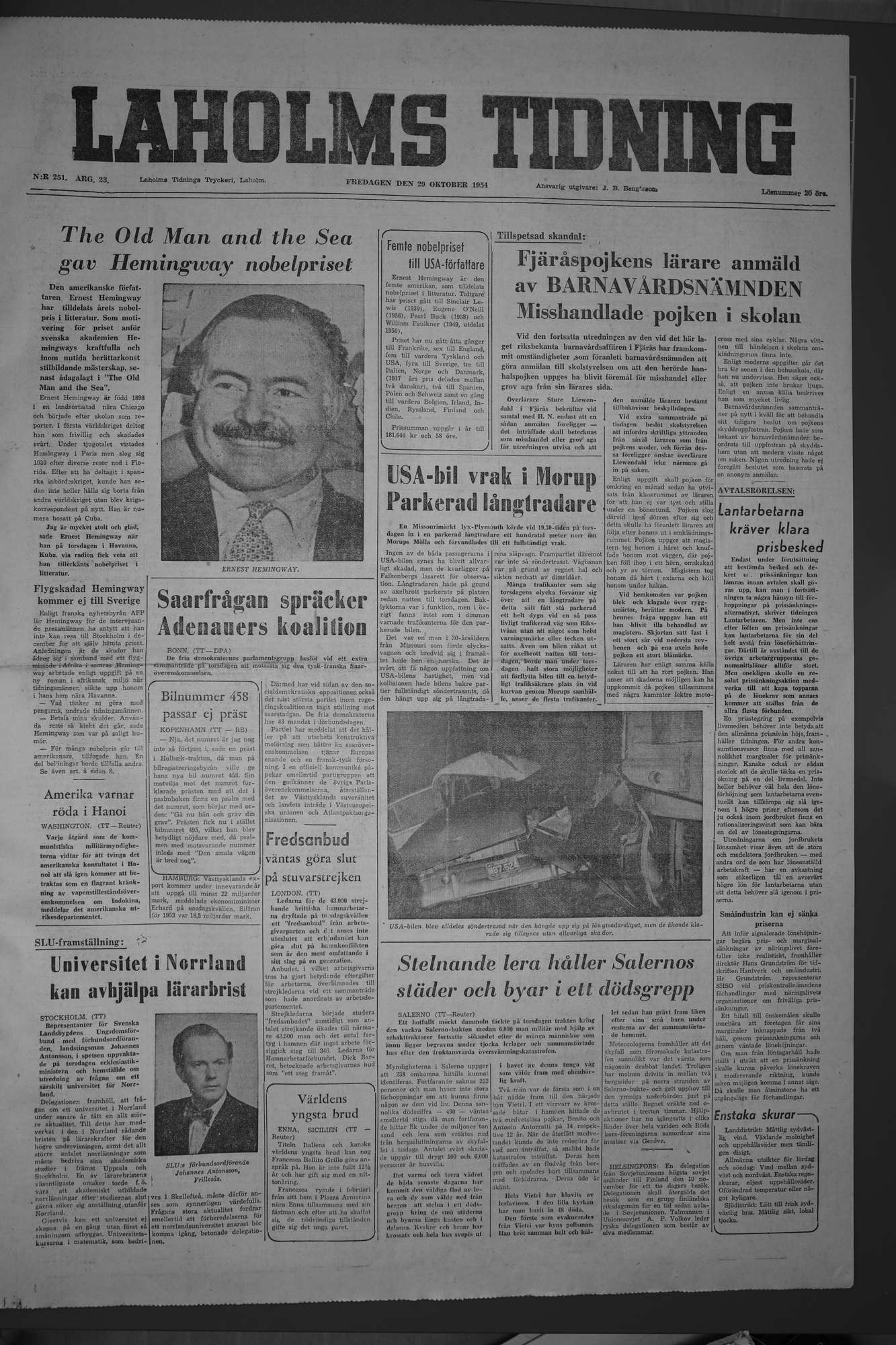 Laholms Tidning Fredag 29 oktober 1954, sida 1