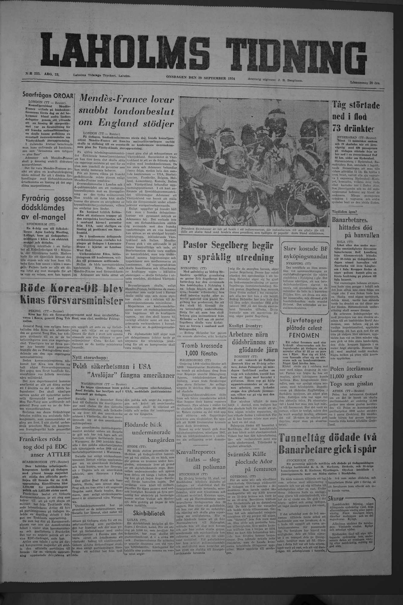 Laholms Tidning Onsdag 29 september 1954, sida 1