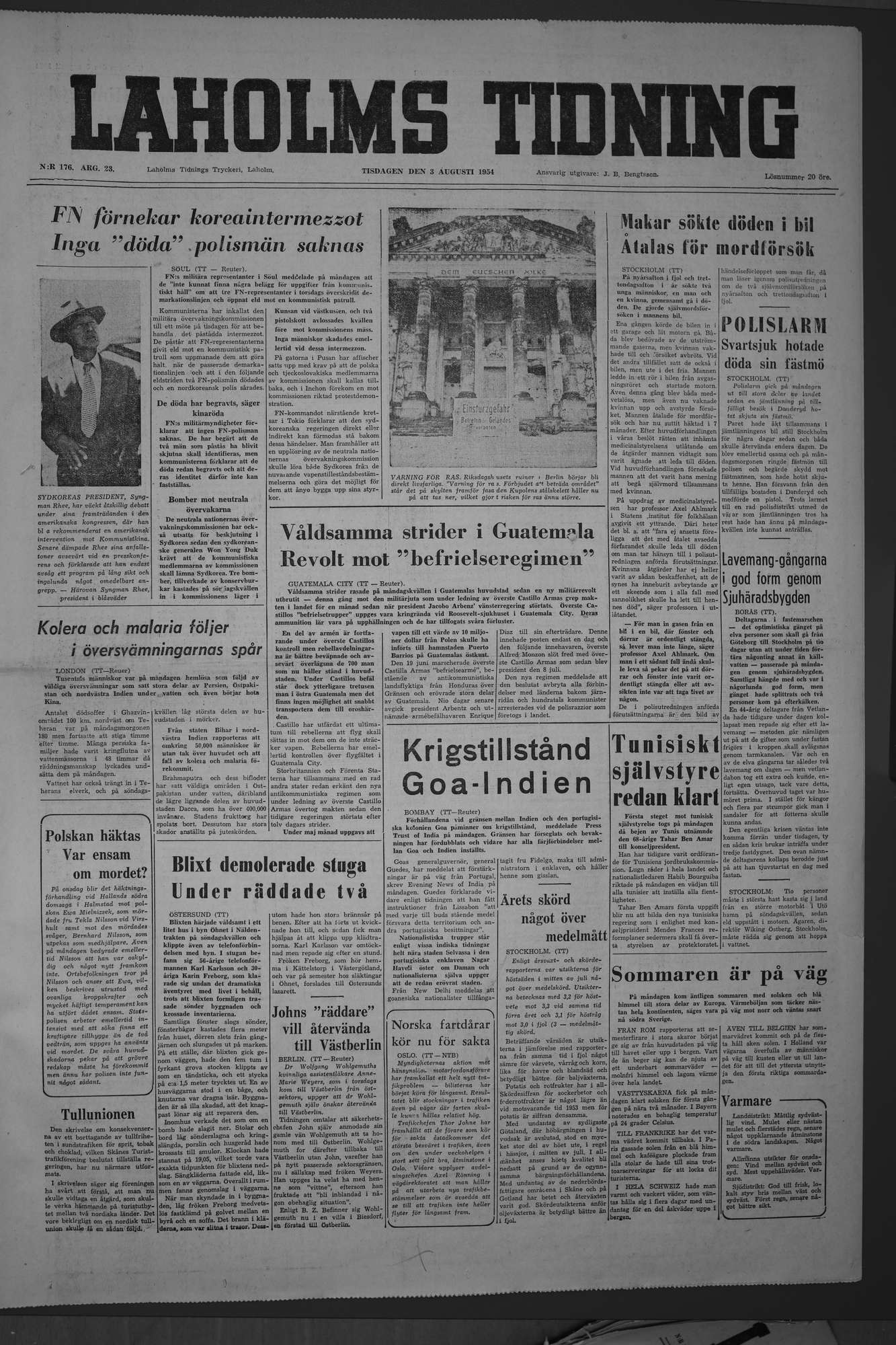 Laholms Tidning Tisdag 3 augusti 1954, sida 1
