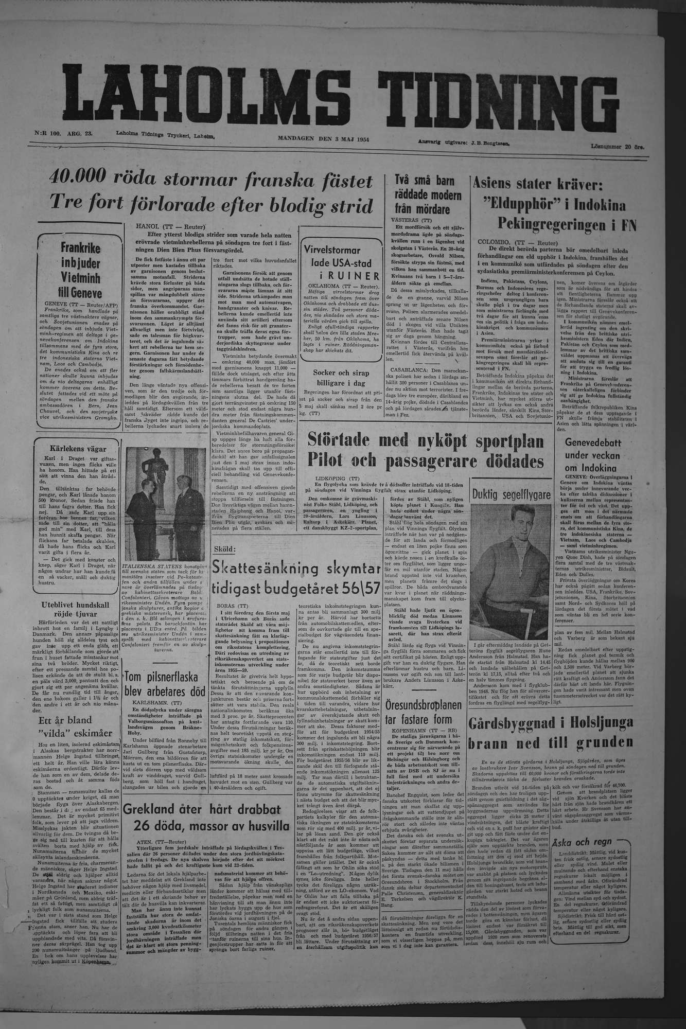 Laholms Tidning Måndag 3 maj 1954, sida 1