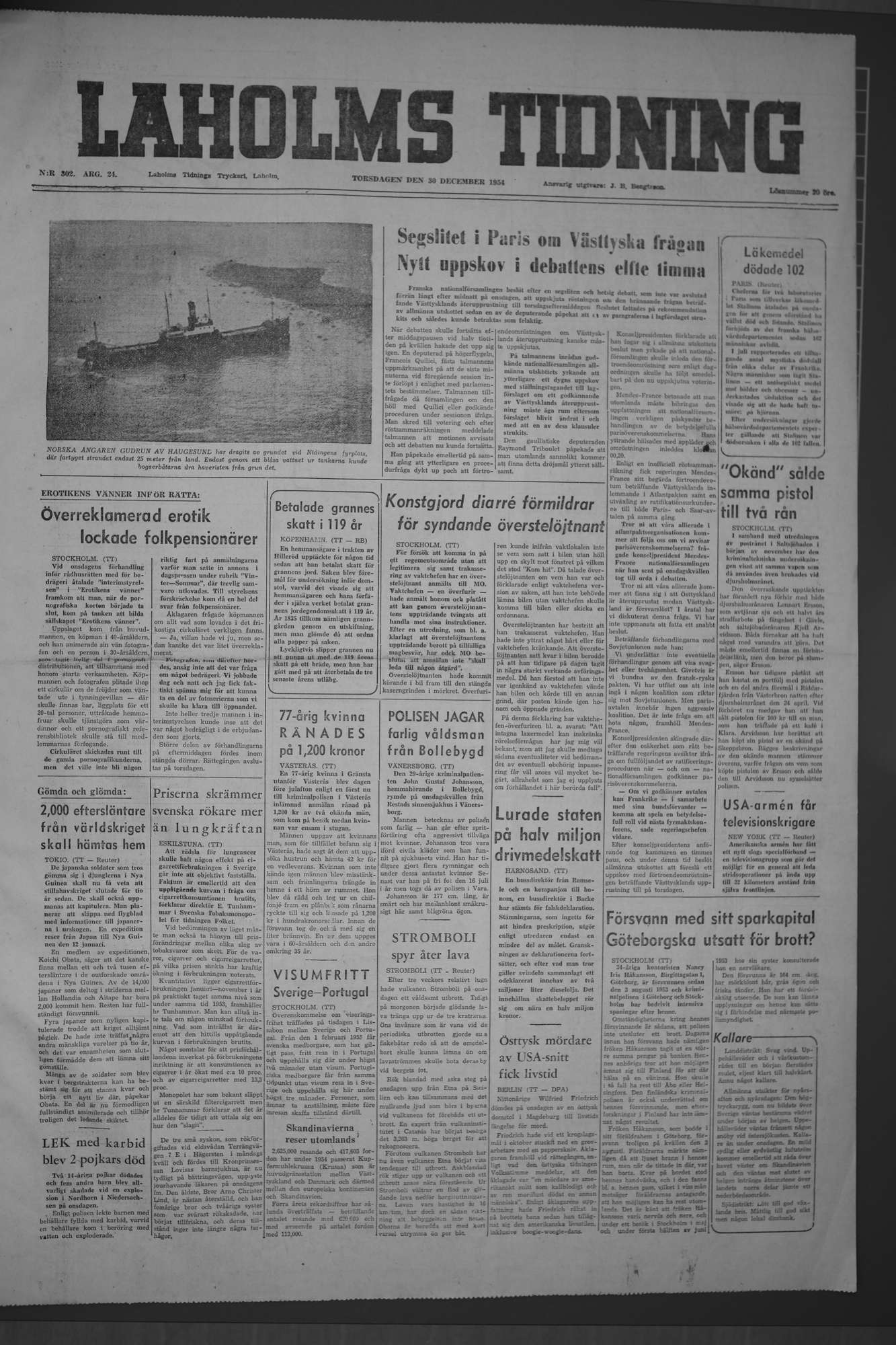 Laholms Tidning Torsdag 30 december 1954, sida 1