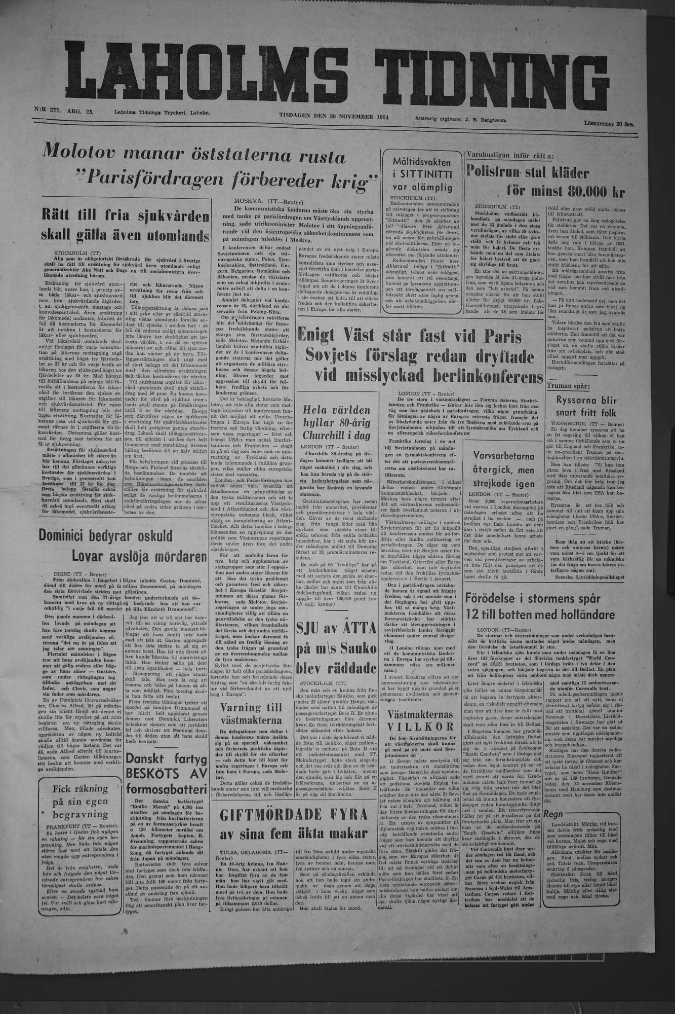 Laholms Tidning Tisdag 30 november 1954, sida 1