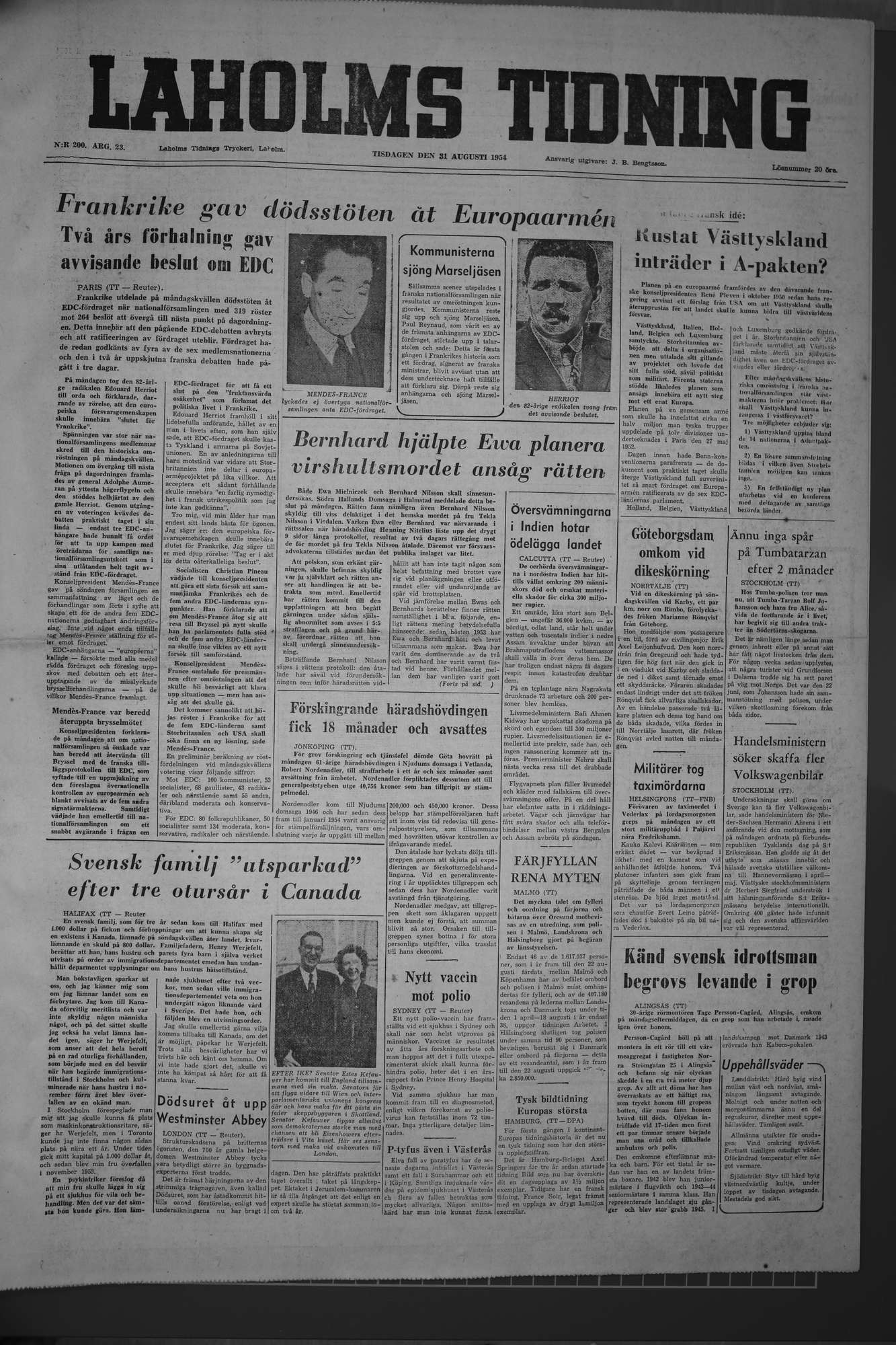 Laholms Tidning Tisdag 31 augusti 1954, sida 1