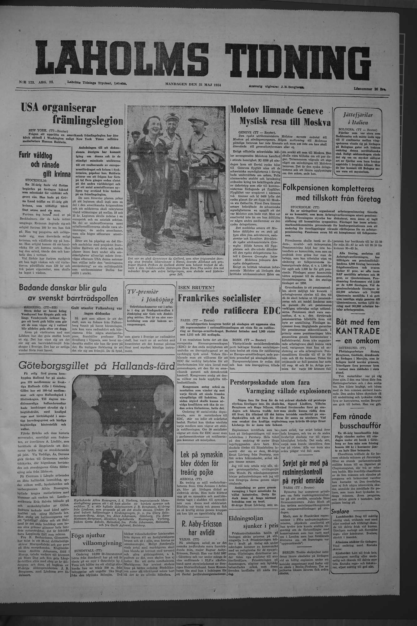 Laholms Tidning Måndag 31 maj 1954, sida 1