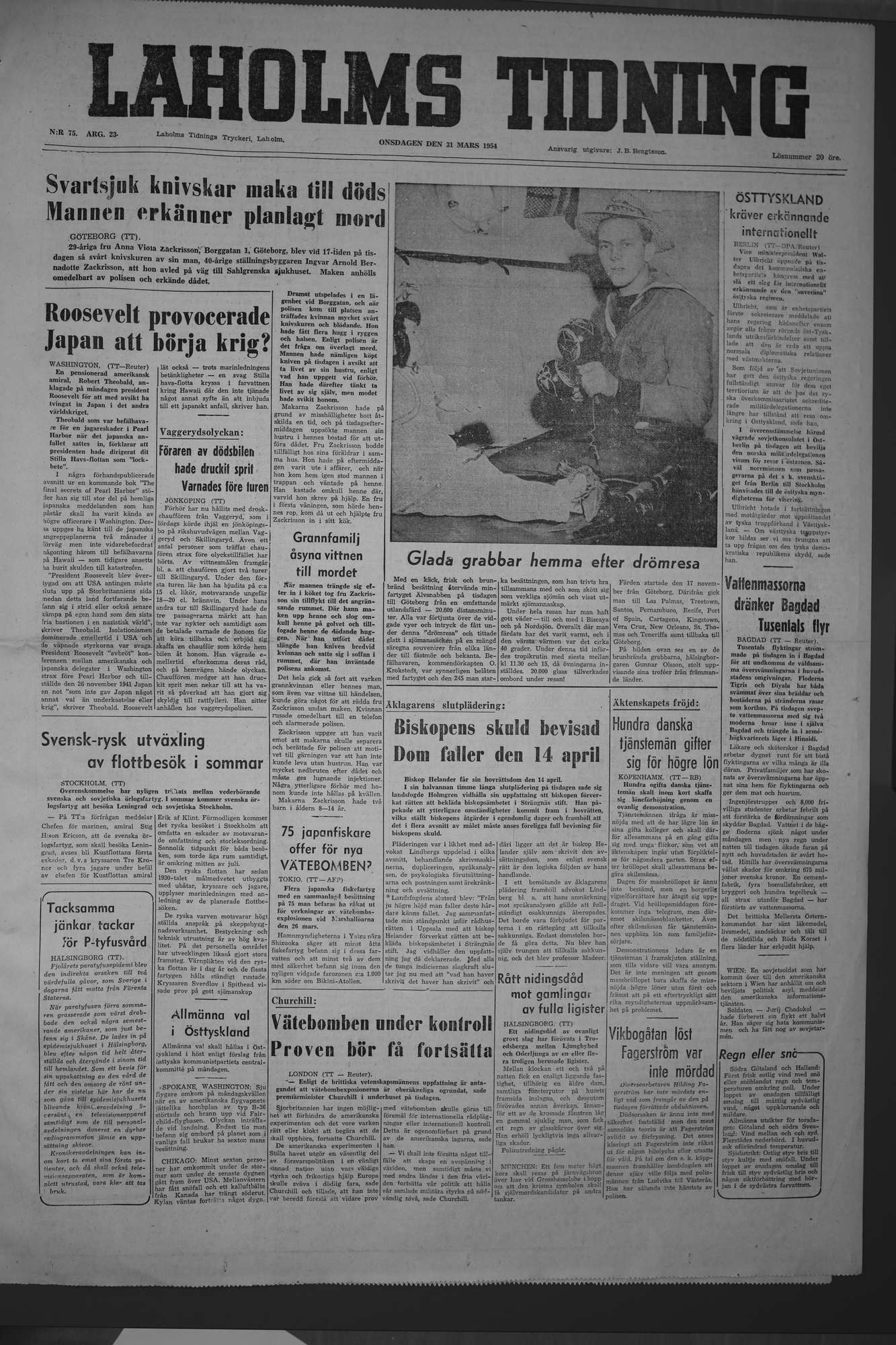 Laholms Tidning Onsdag 31 mars 1954, sida 1