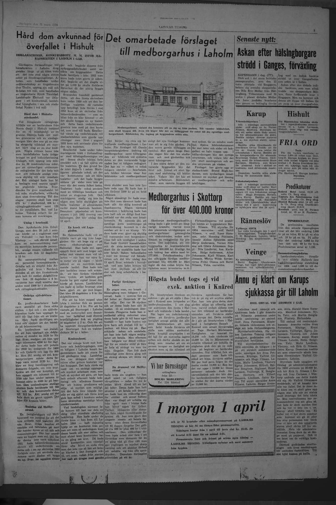 Laholms Tidning Onsdag 31 mars 1954, sida 3