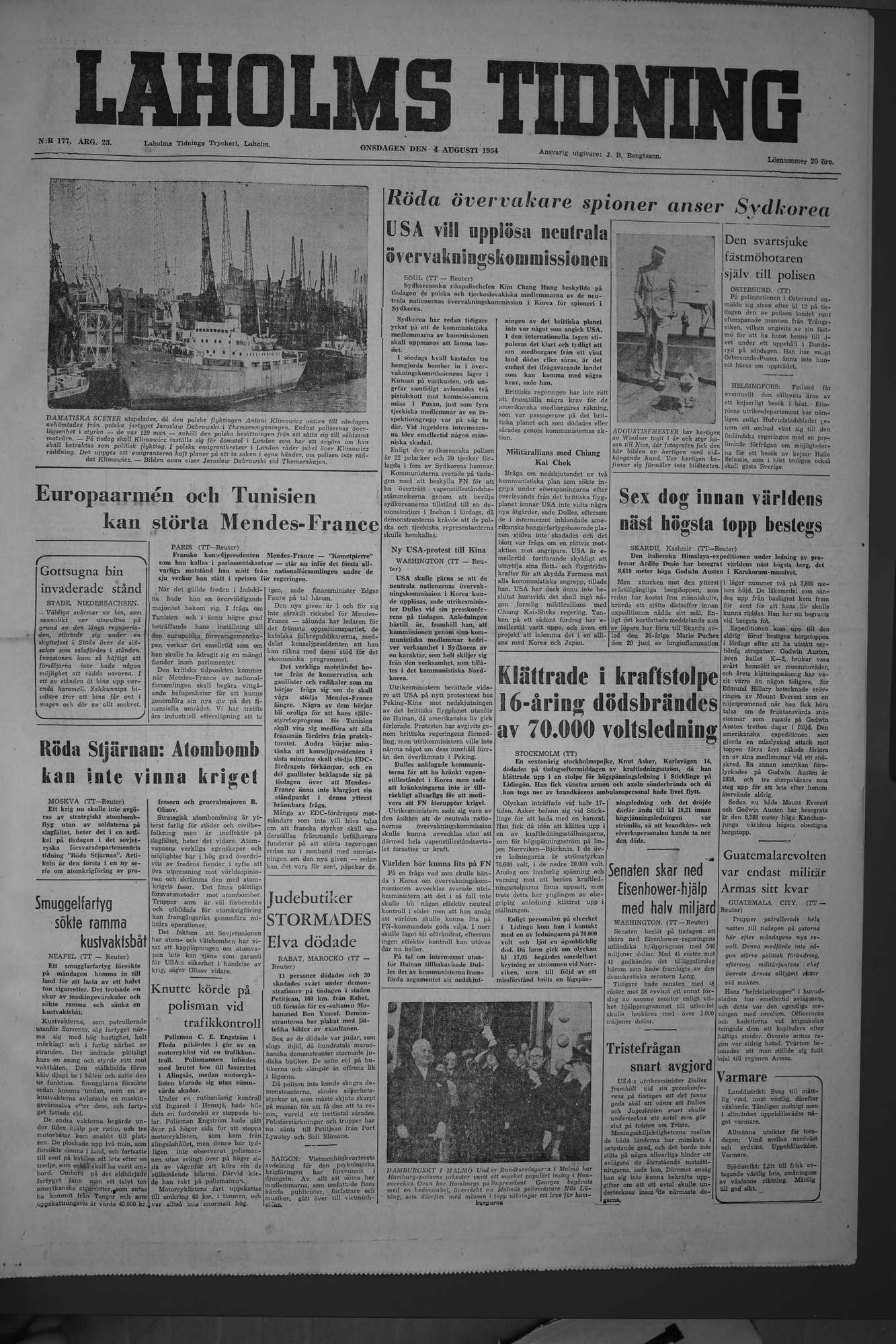 Laholms Tidning Onsdag 4 augusti 1954, sida 1