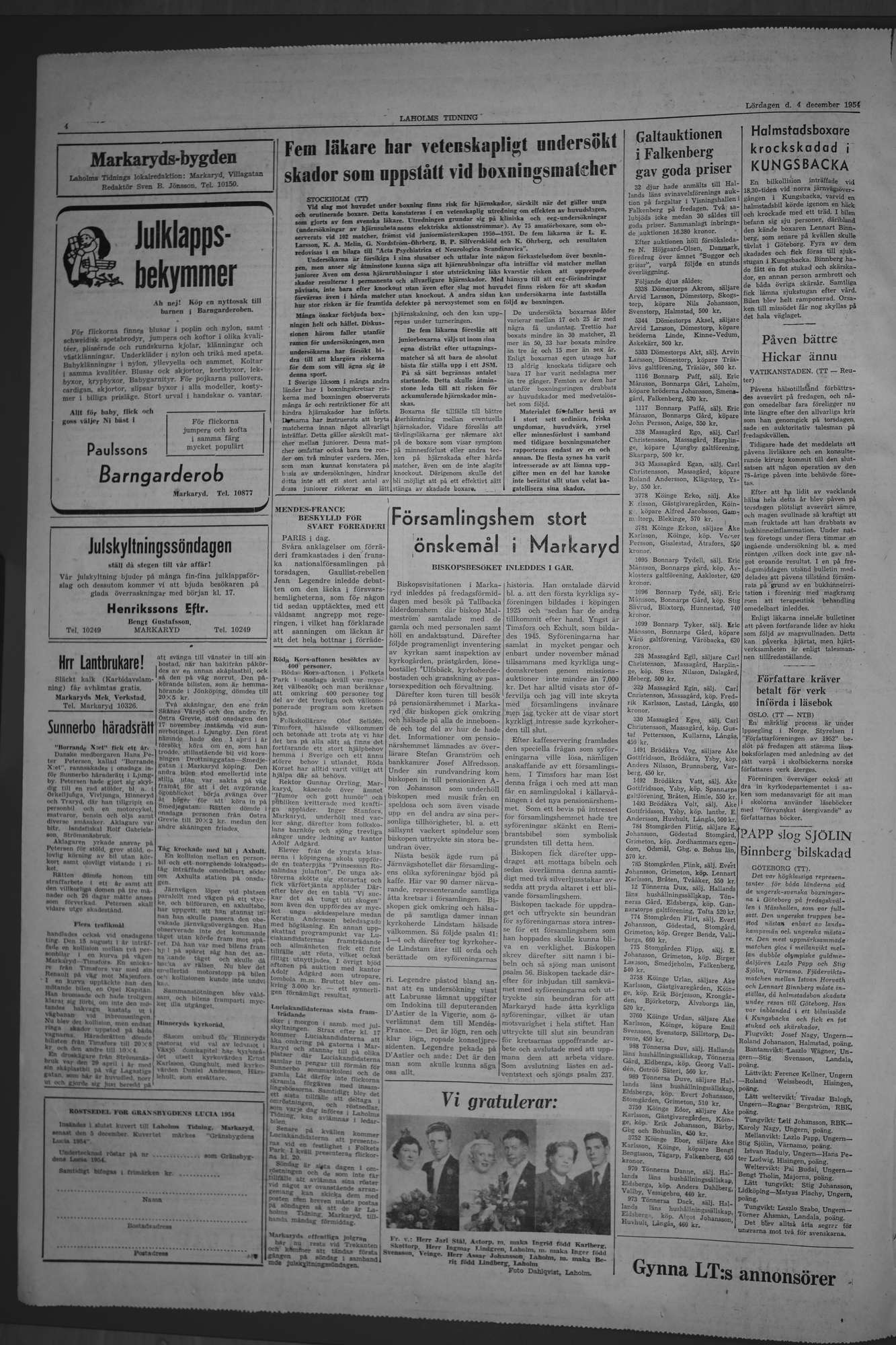 Laholms Tidning Lördag 4 december 1954, sida 4