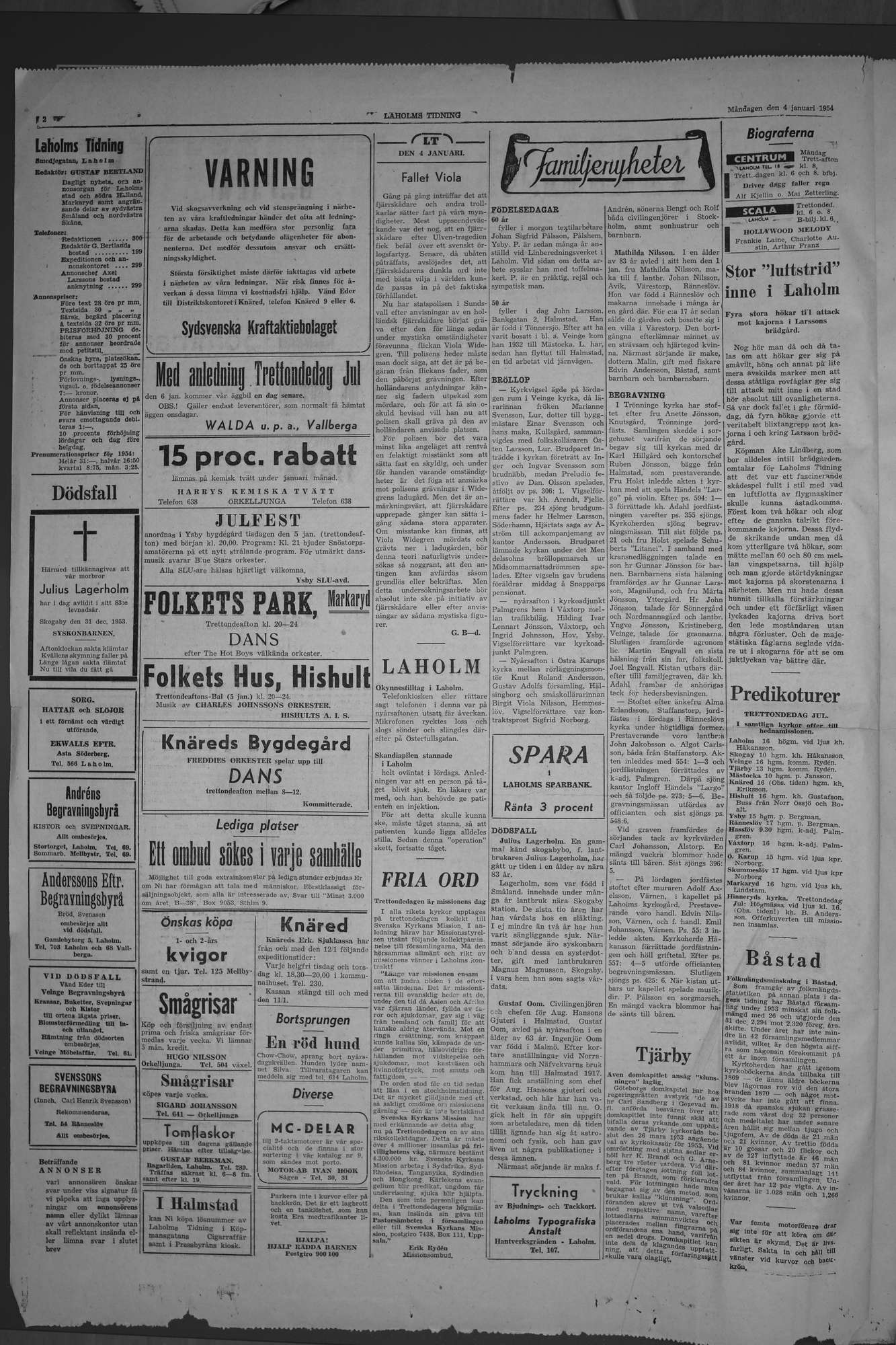 Laholms Tidning Måndag 4 januari 1954, sida 2