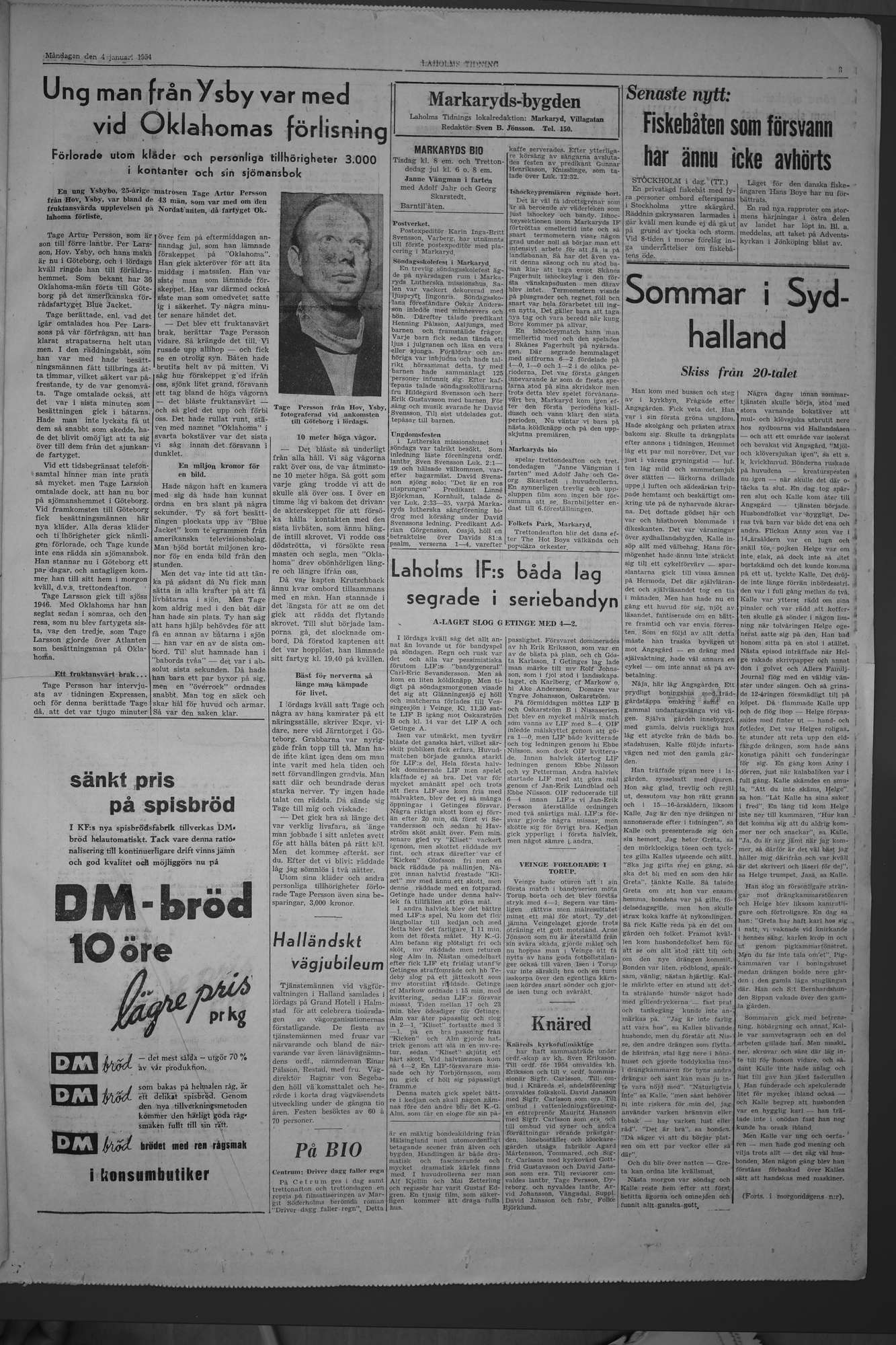 Laholms Tidning Måndag 4 januari 1954, sida 3