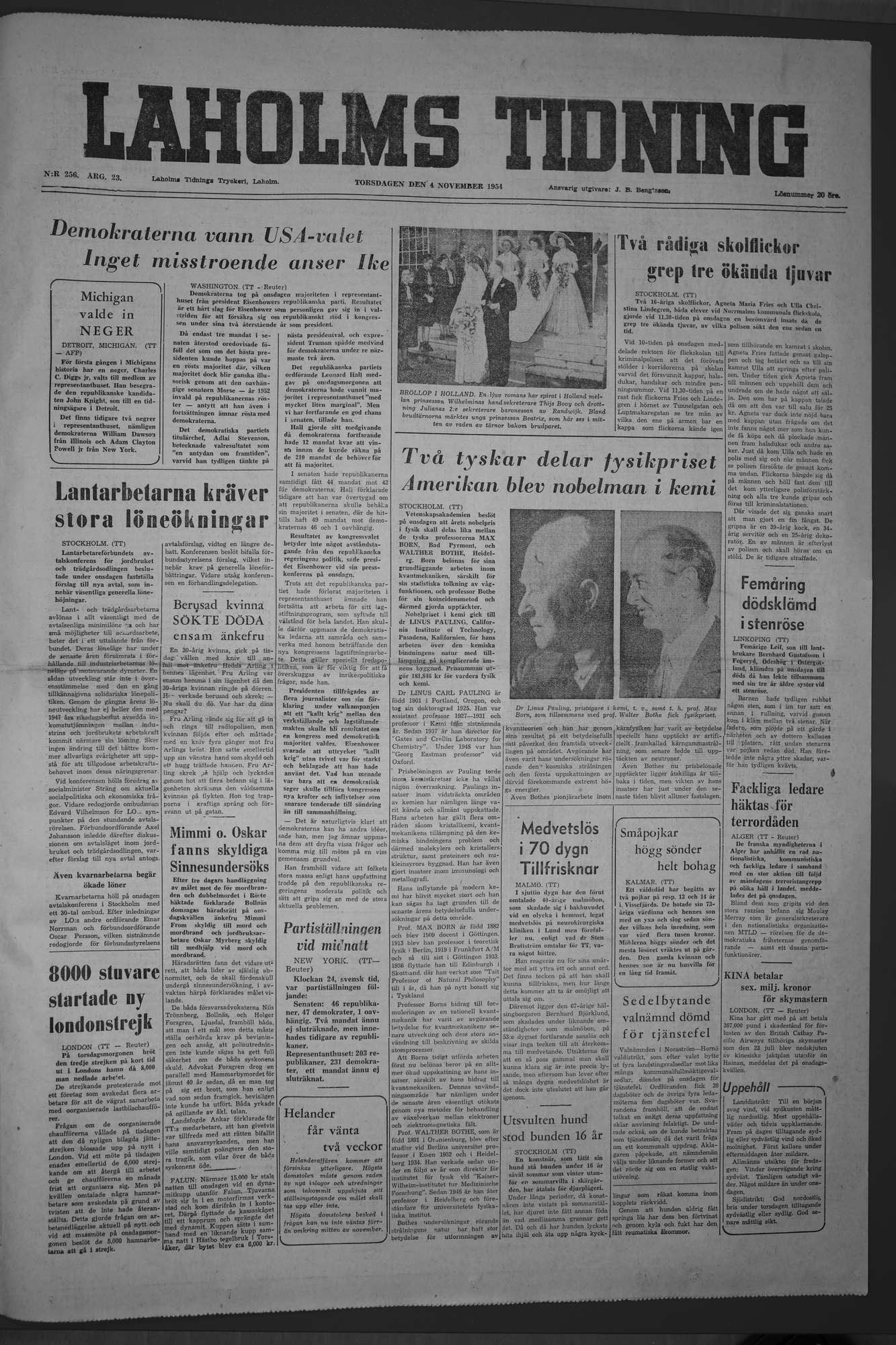 Laholms Tidning Torsdag 4 november 1954, sida 1