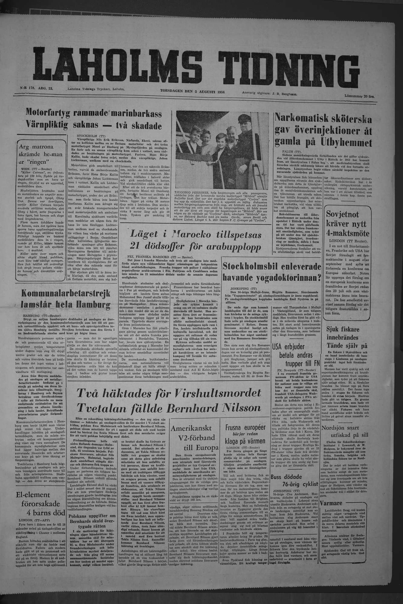 Laholms Tidning Torsdag 5 augusti 1954, sida 1