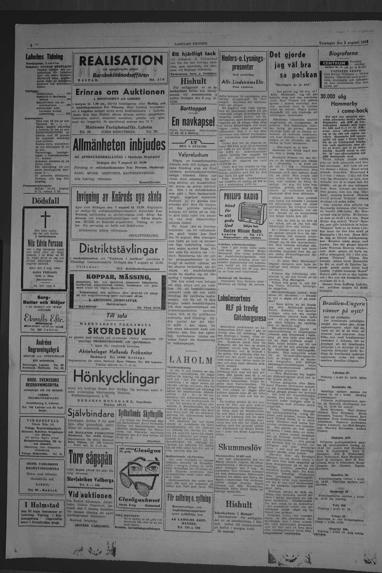 Laholms Tidning Torsdag 5 augusti 1954, sida 2