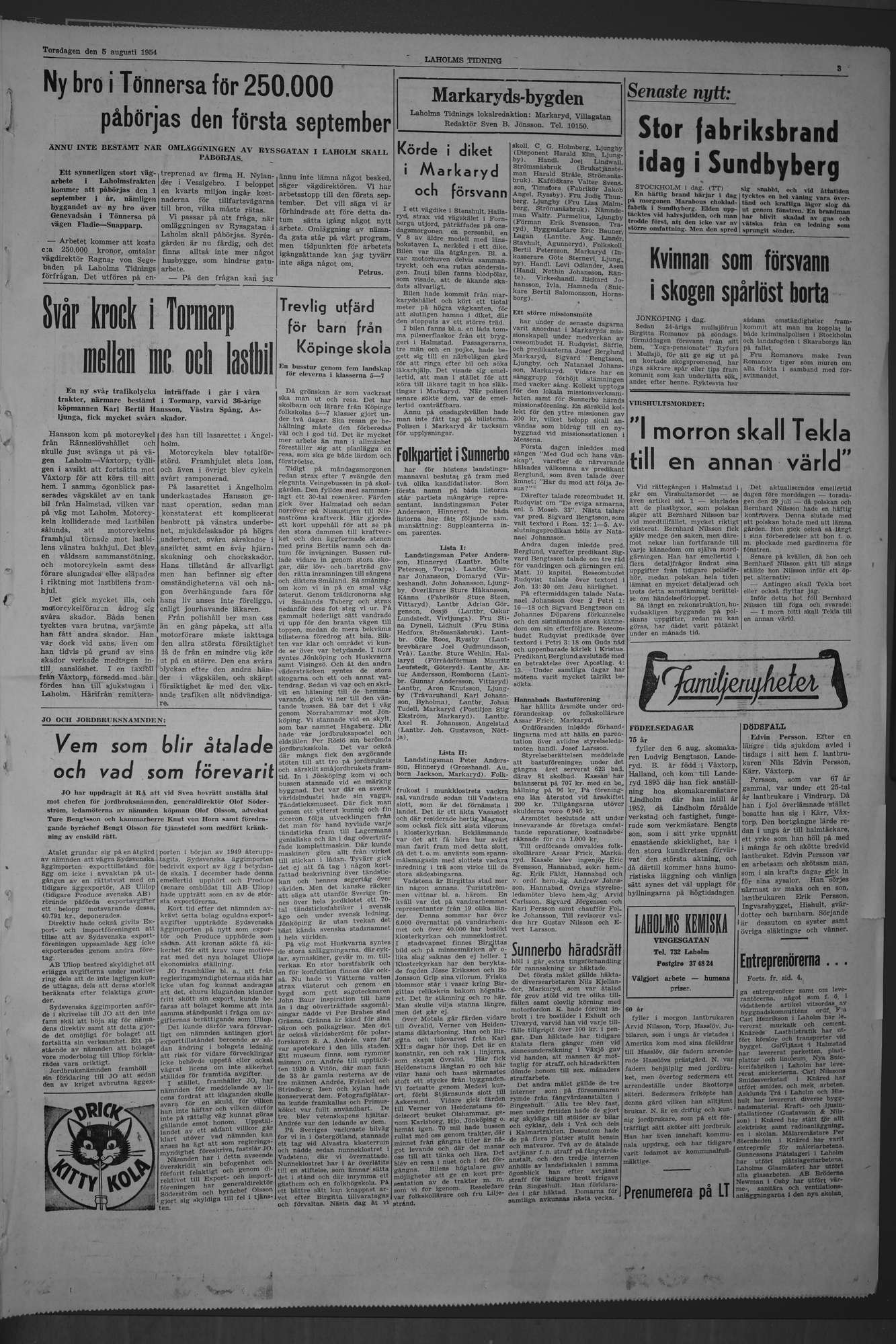 Laholms Tidning Torsdag 5 augusti 1954, sida 3