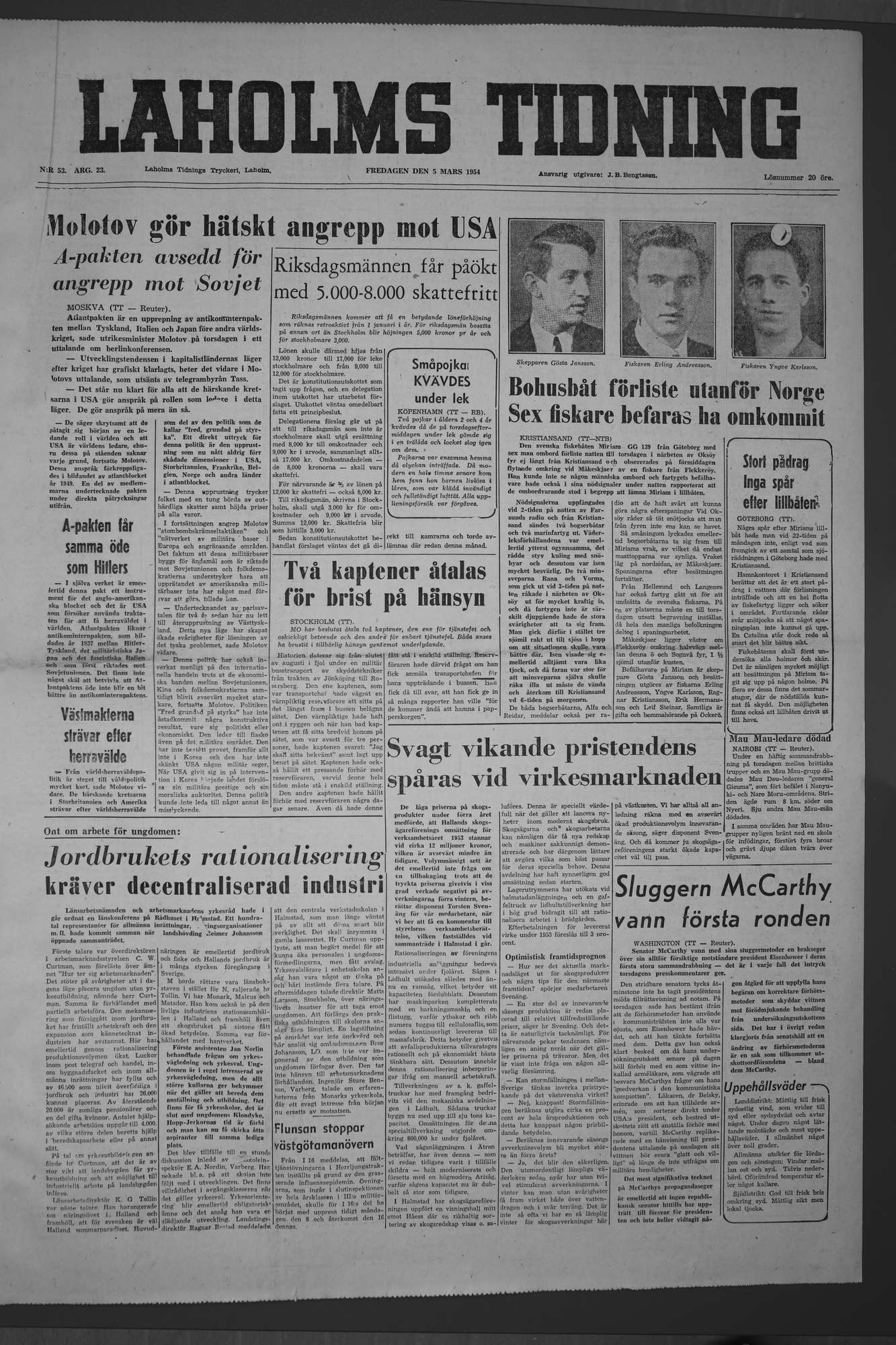 Laholms Tidning Fredag 5 mars 1954, sida 1