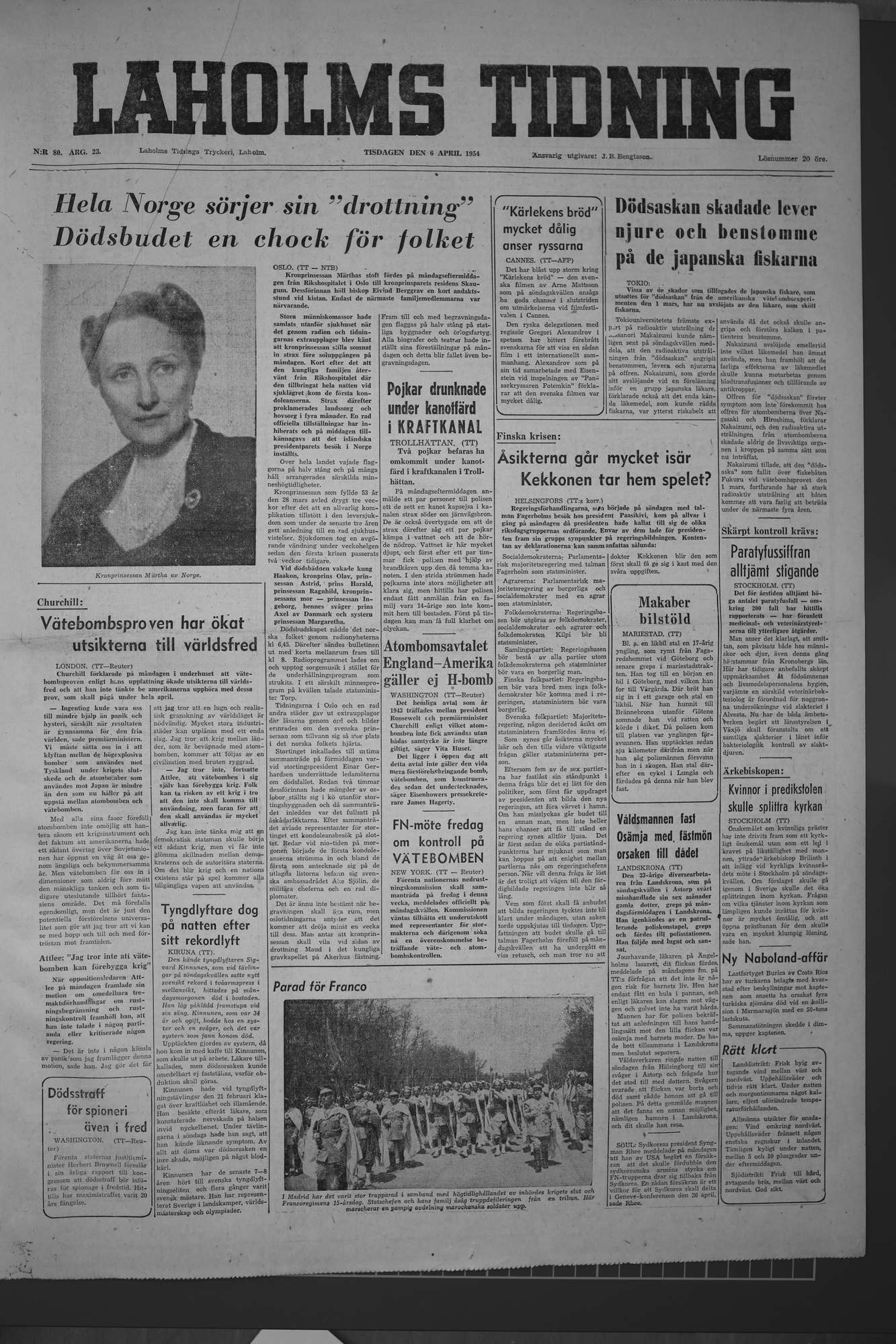 Laholms Tidning Tisdag 6 april 1954, sida 1