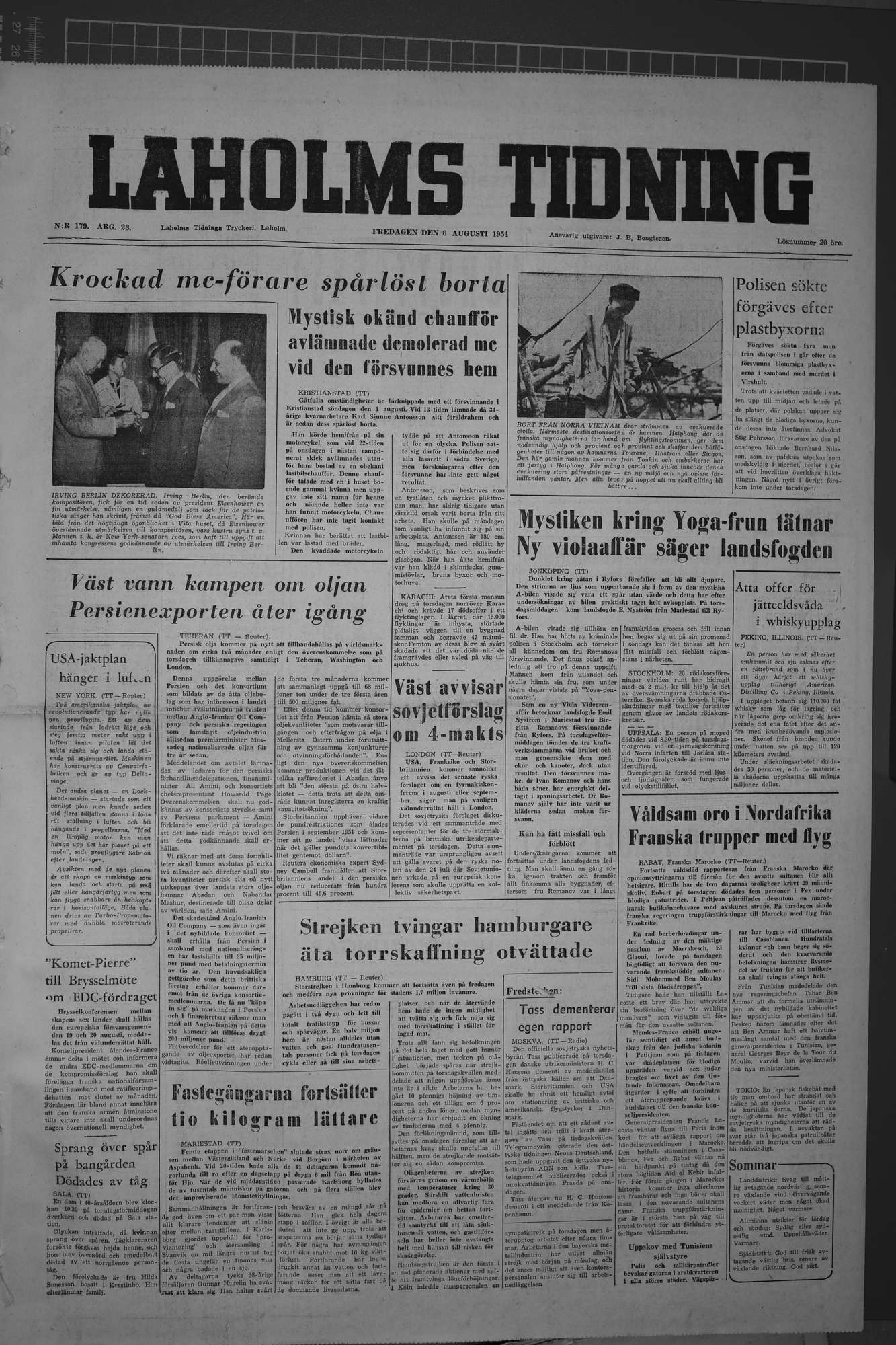 Laholms Tidning Fredag 6 augusti 1954, sida 1