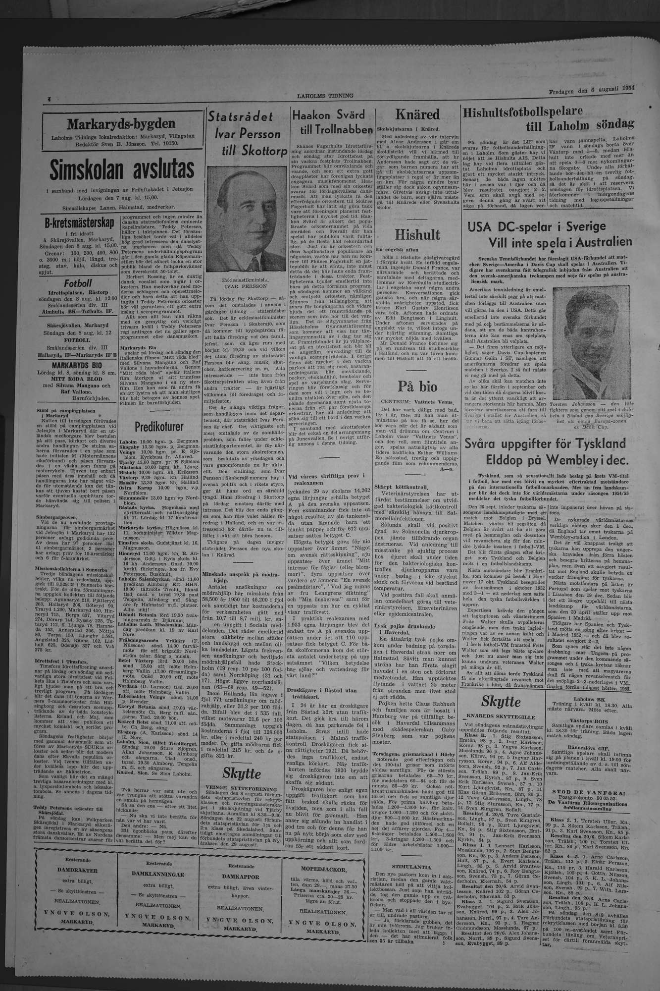 Laholms Tidning Fredag 6 augusti 1954, sida 4