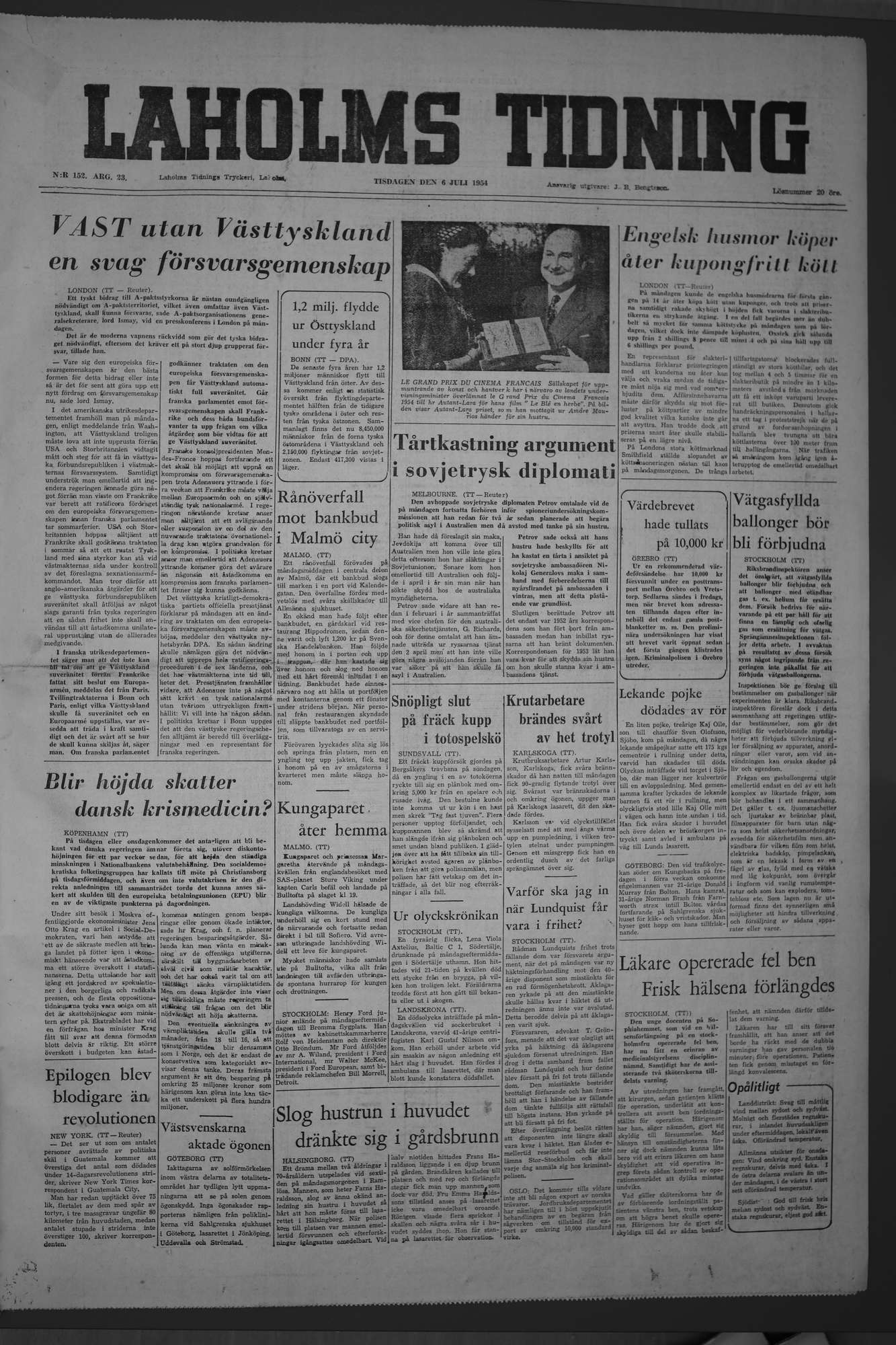 Laholms Tidning Tisdag 6 juli 1954, sida 1