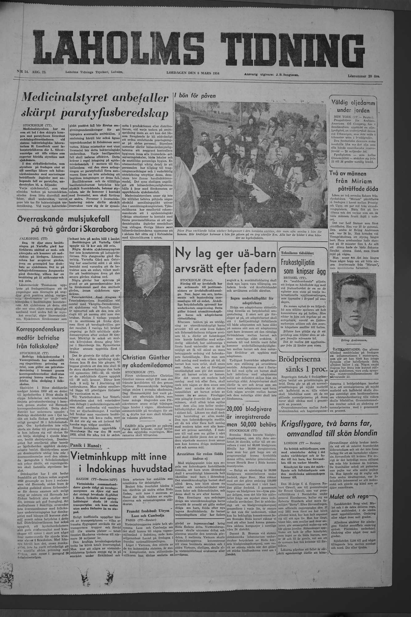 Laholms Tidning Lördag 6 mars 1954, sida 1