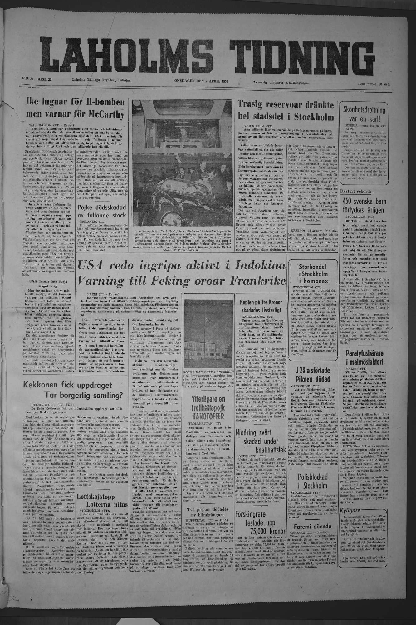 Laholms Tidning Onsdag 7 april 1954, sida 1