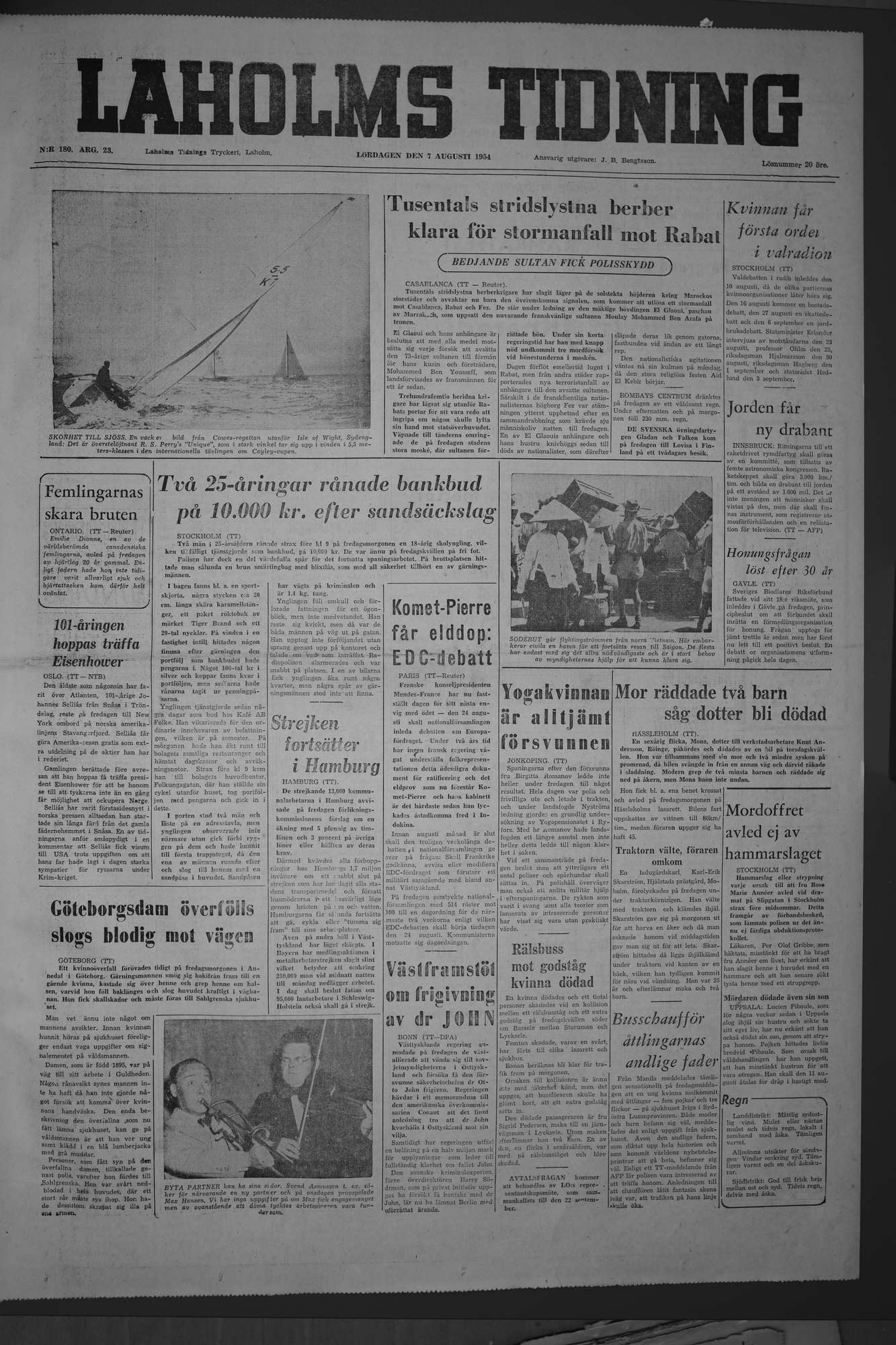 Laholms Tidning Lördag 7 augusti 1954, sida 1