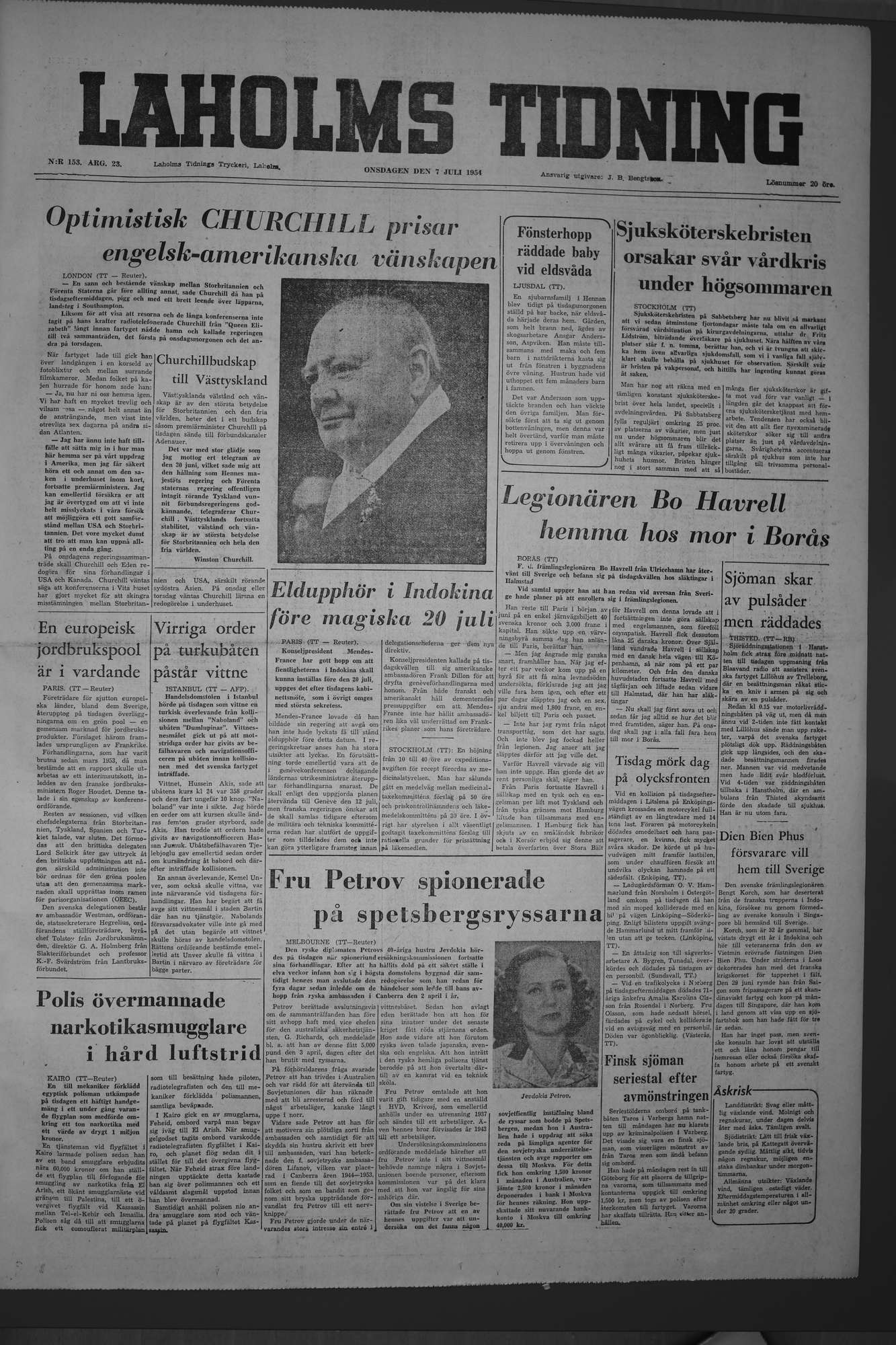 Laholms Tidning Onsdag 7 juli 1954, sida 1