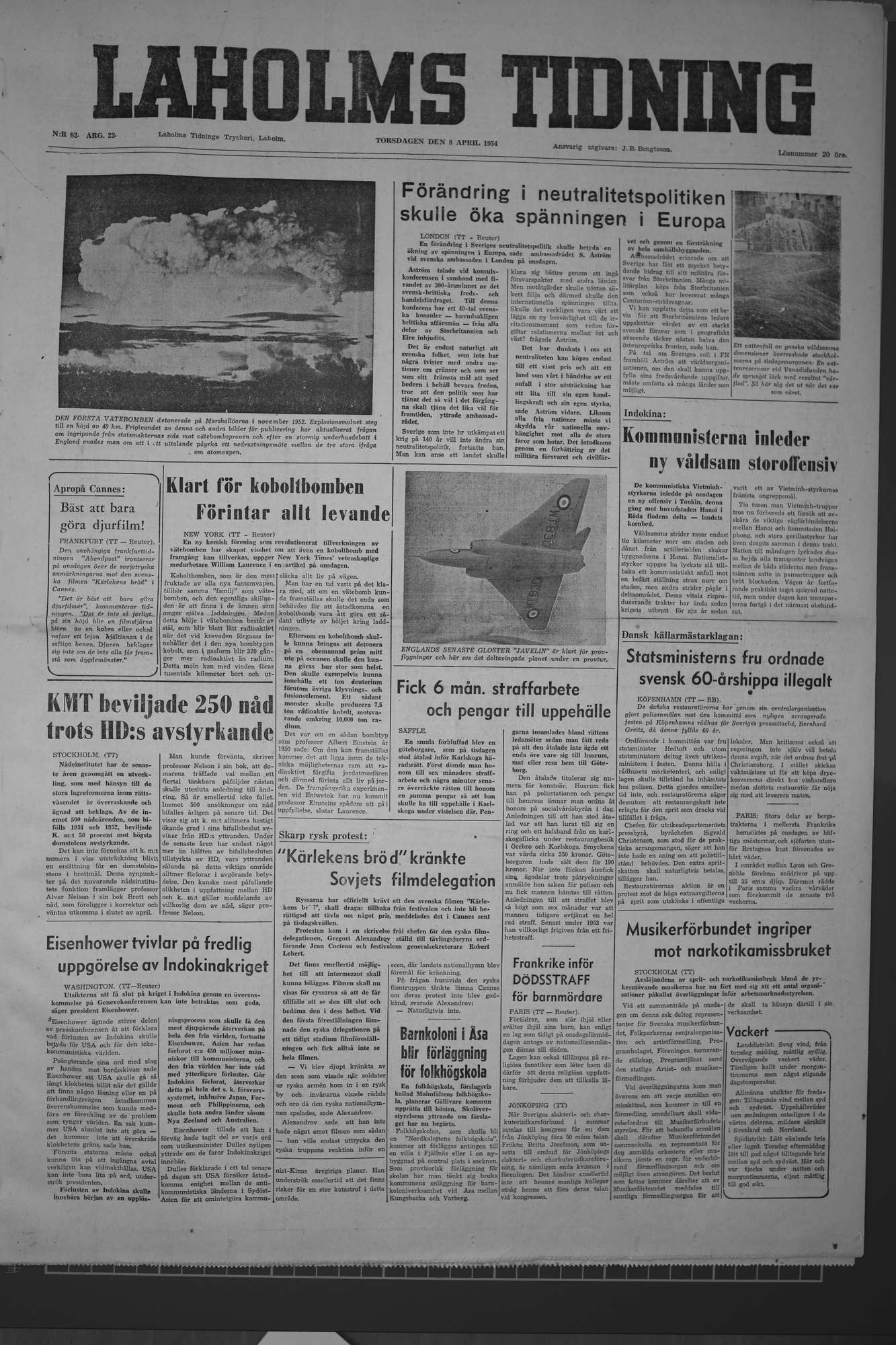 Laholms Tidning Torsdag 8 april 1954, sida 1