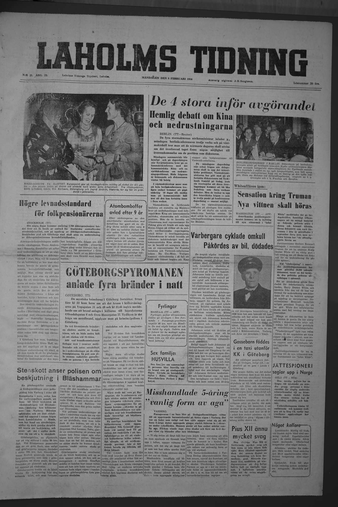 Laholms Tidning Måndag 8 februari 1954, sida 1