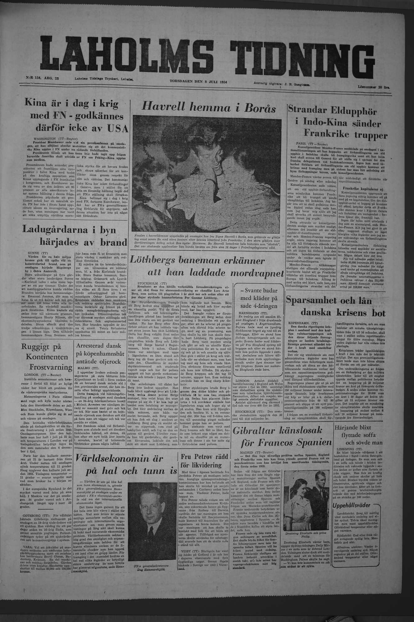Laholms Tidning Torsdag 8 juli 1954, sida 1