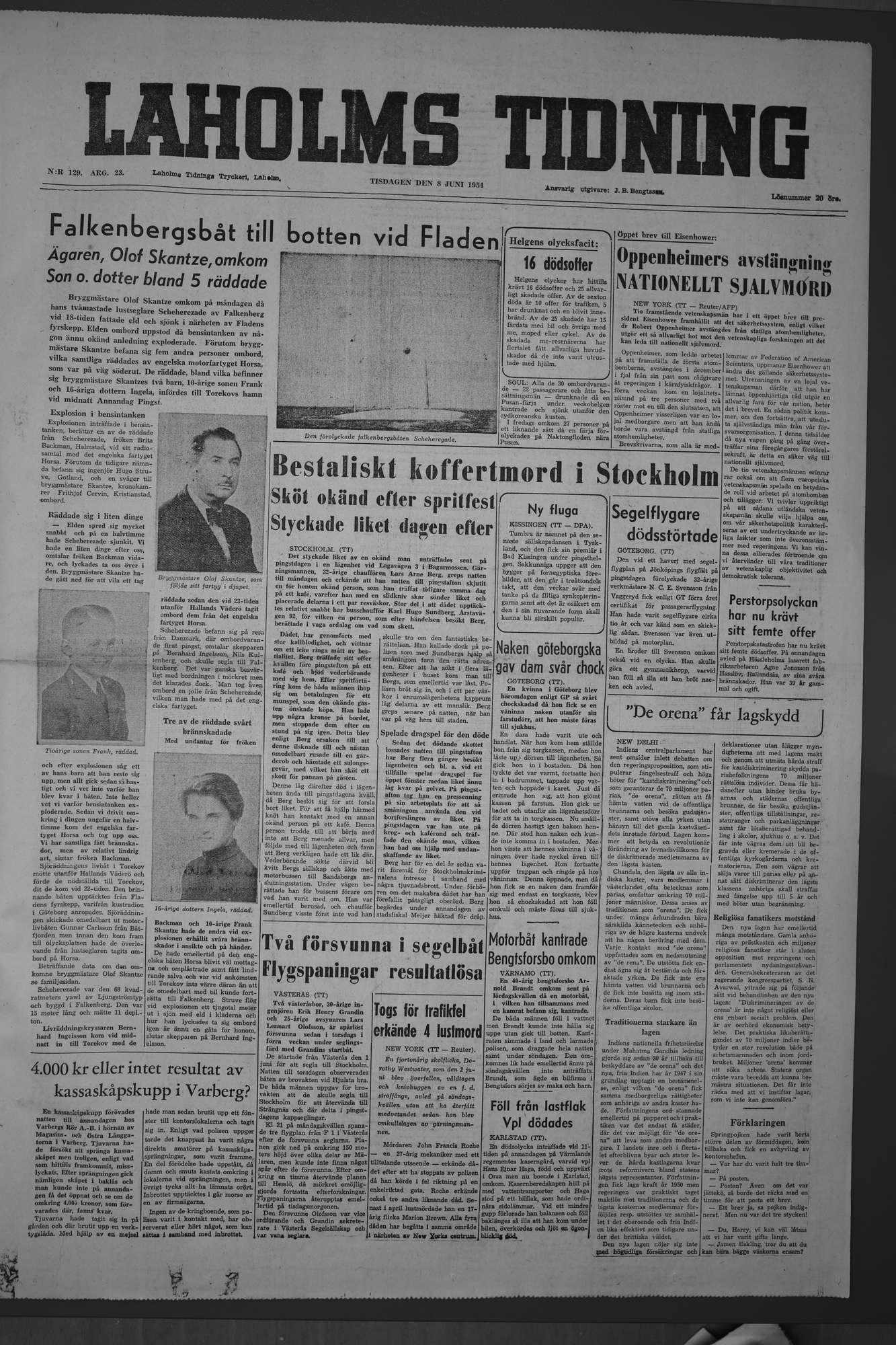 Laholms Tidning Tisdag 8 juni 1954, sida 1