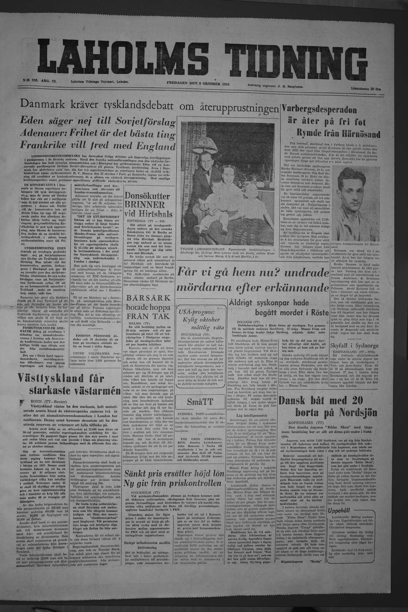 Laholms Tidning Fredag 8 oktober 1954, sida 1