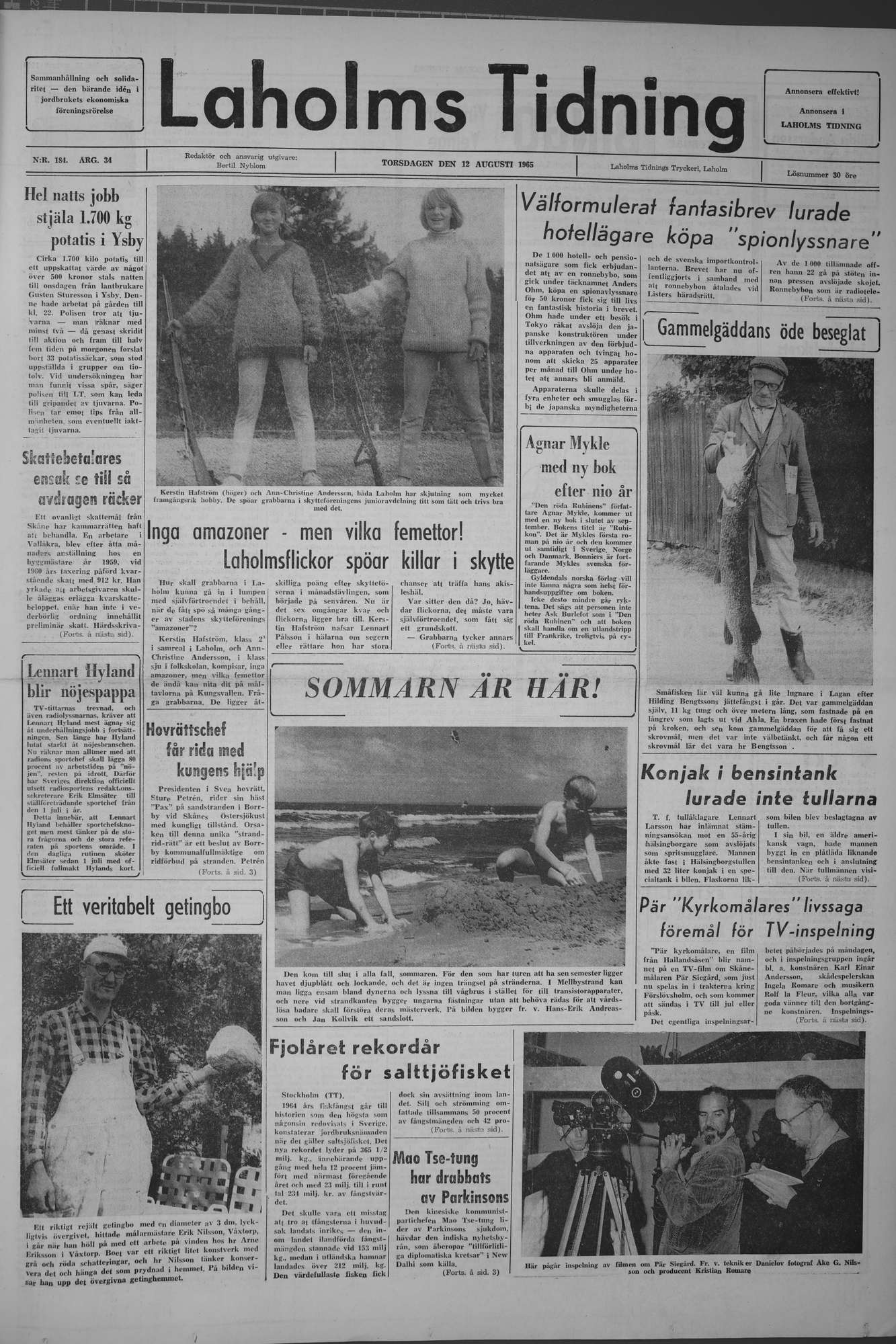Laholms Tidning Torsdag 12 augusti 1965, sida 1