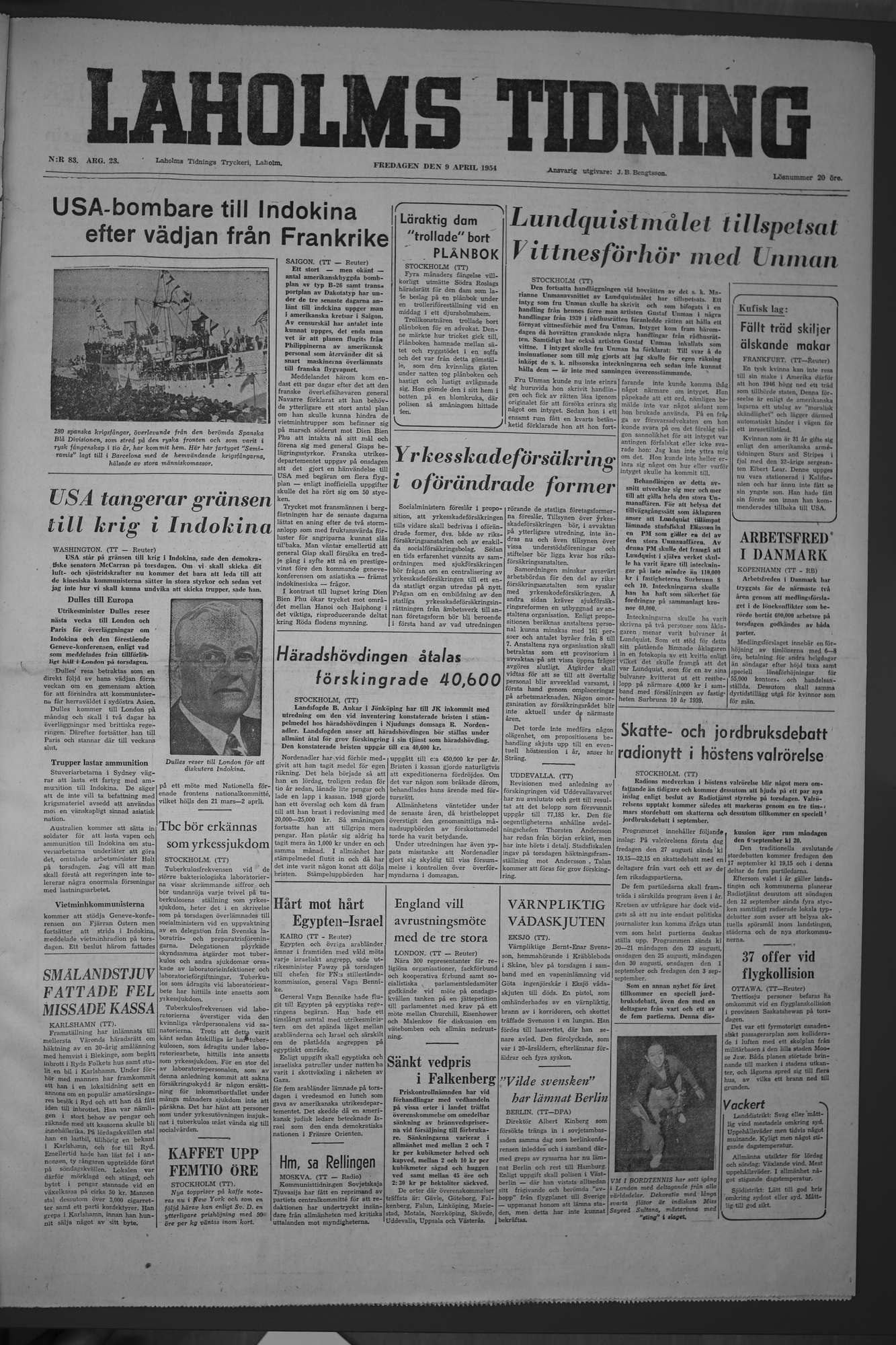 Laholms Tidning Fredag 9 april 1954, sida 1