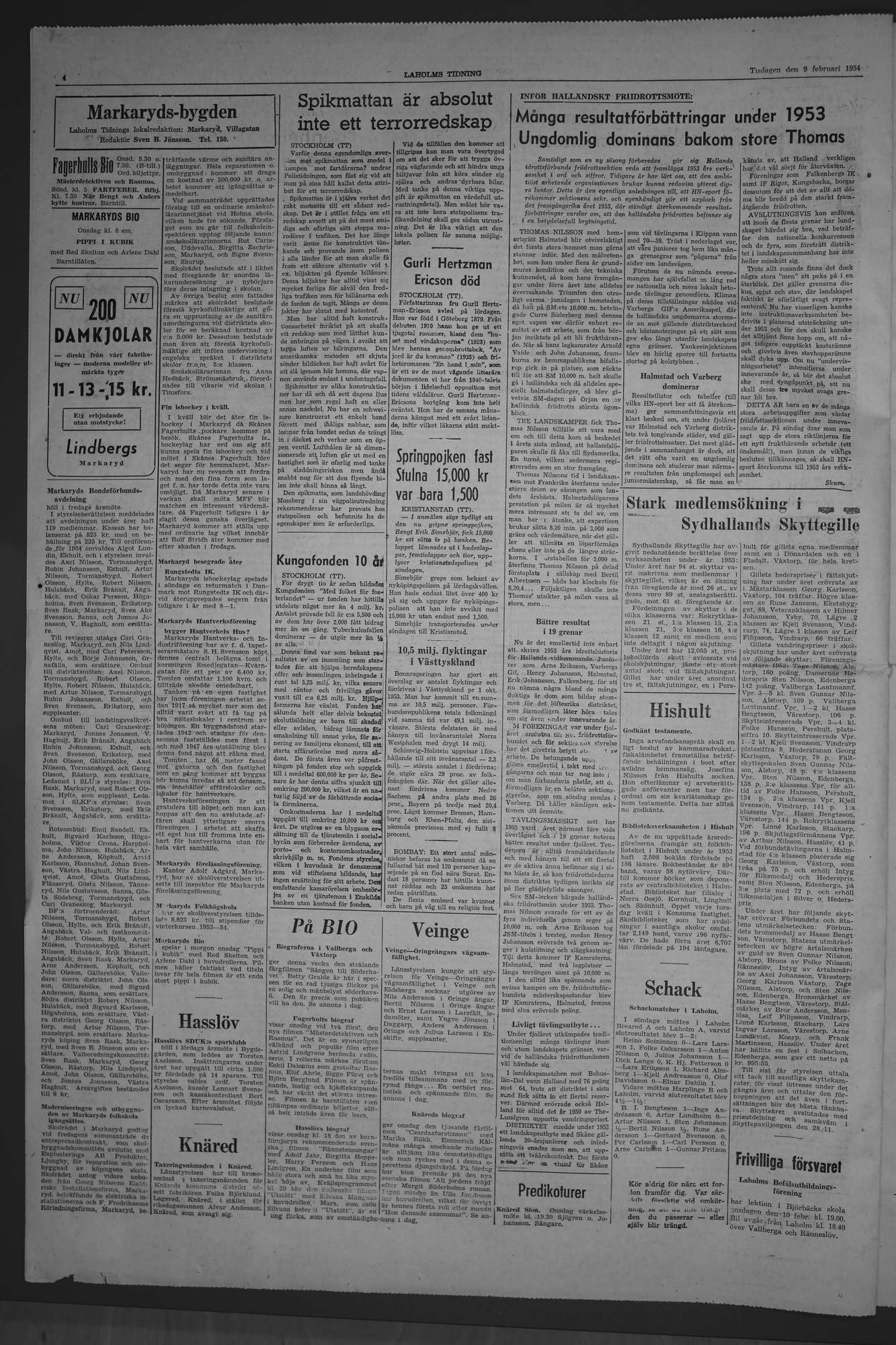 Laholms Tidning Tisdag 9 februari 1954, sida 4