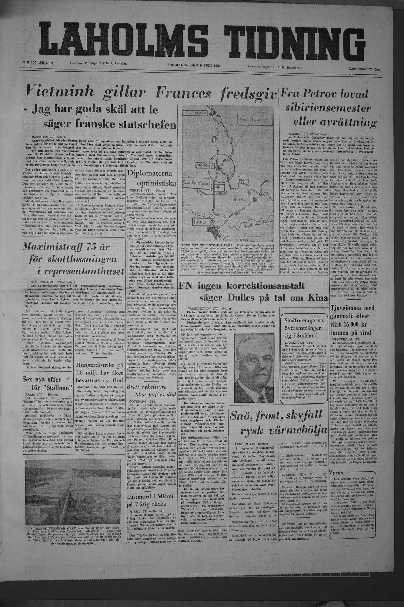 Laholms Tidning Fredag 9 juli 1954, sida 1
